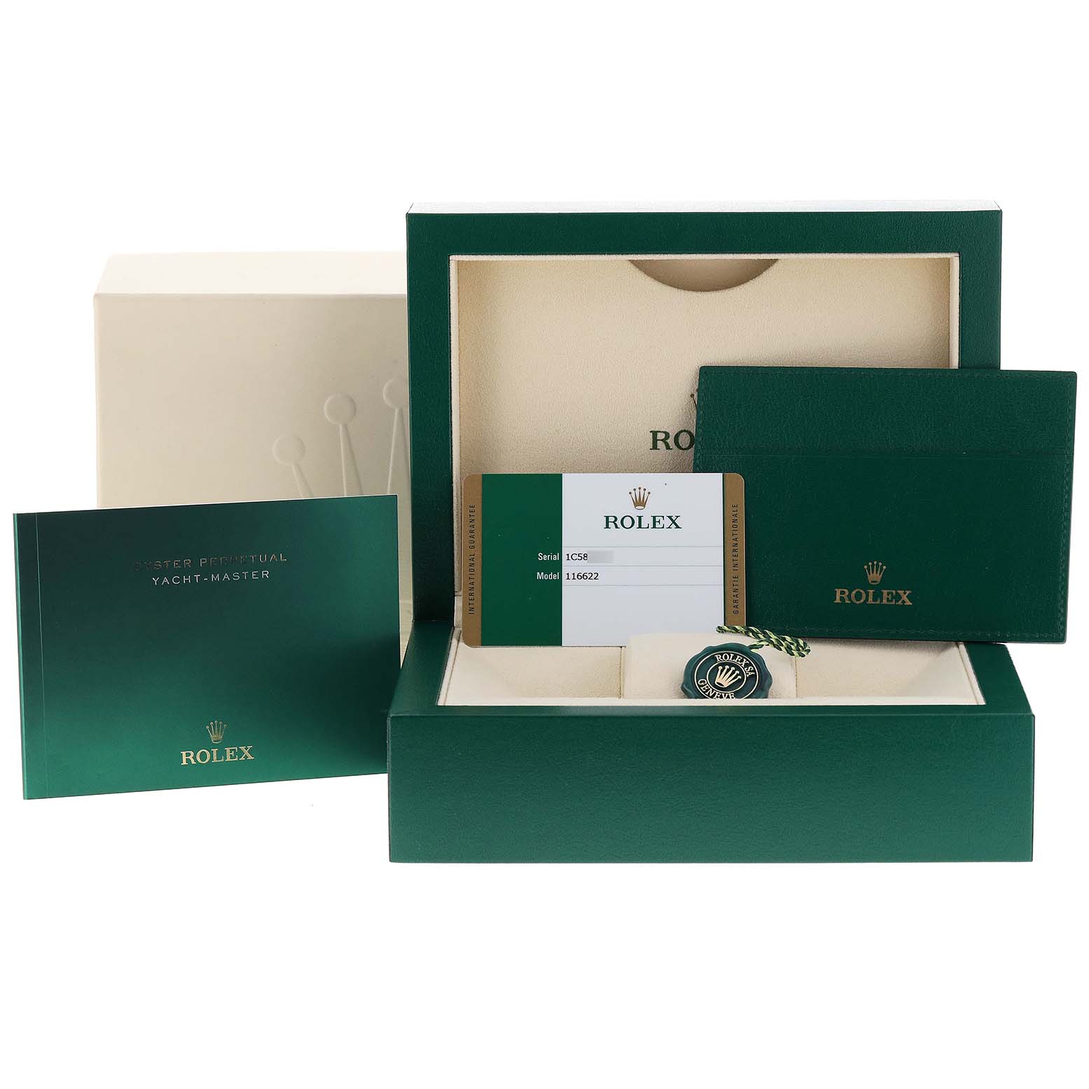 The image shows the packaging and accessories for a Rolex Yacht-Master 116622 Men's Stainless Steel Grey Dial 116622 Men's Stainless Steel Grey Dial watch, including a box, warranty card, booklet, and tag.