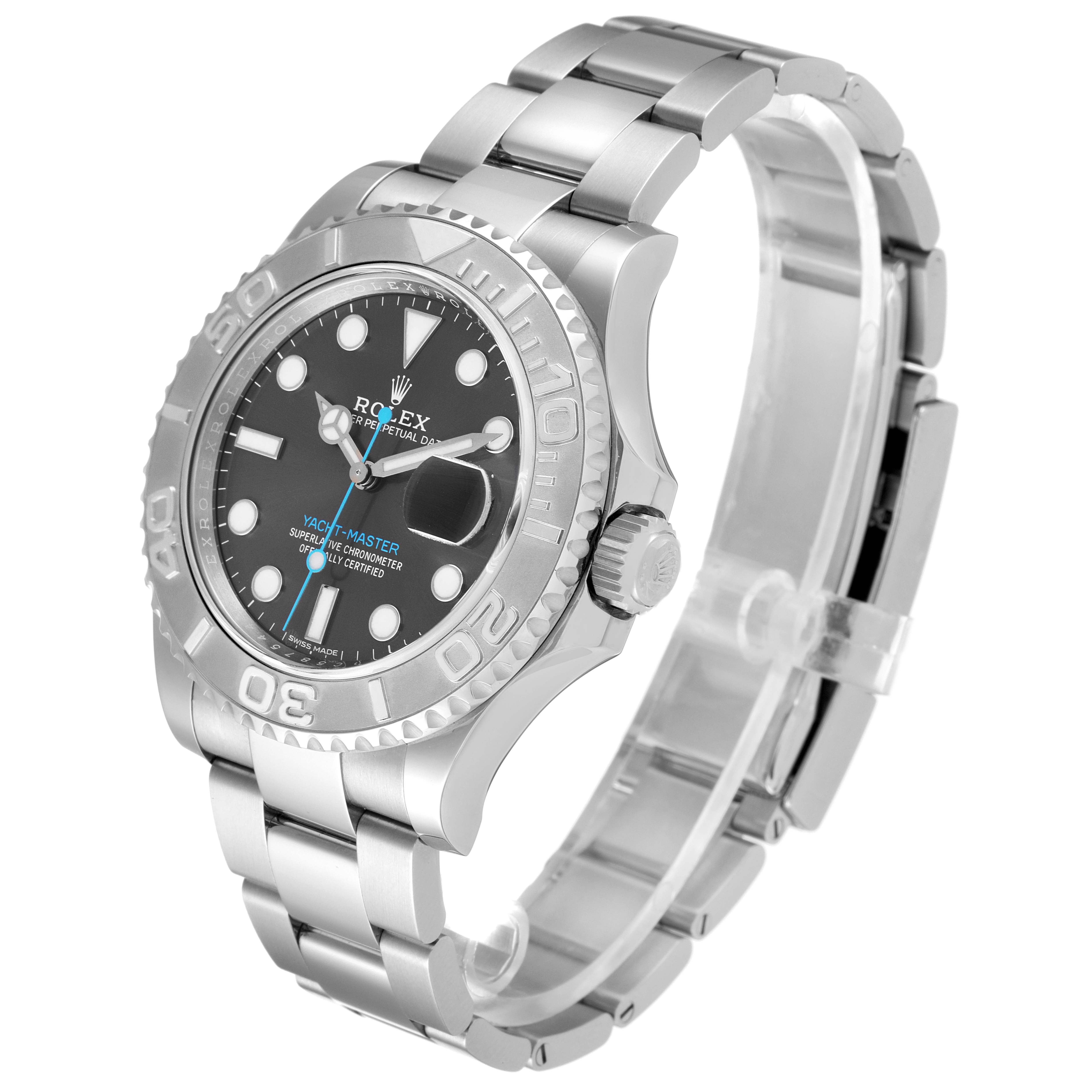 The Rolex Yacht-Master 116622 Men's Stainless Steel Grey Dial 116622 Men's Stainless Steel Grey Dial watch is shown at a slight angle, highlighting its face, bezel, crown, and metal bracelet.