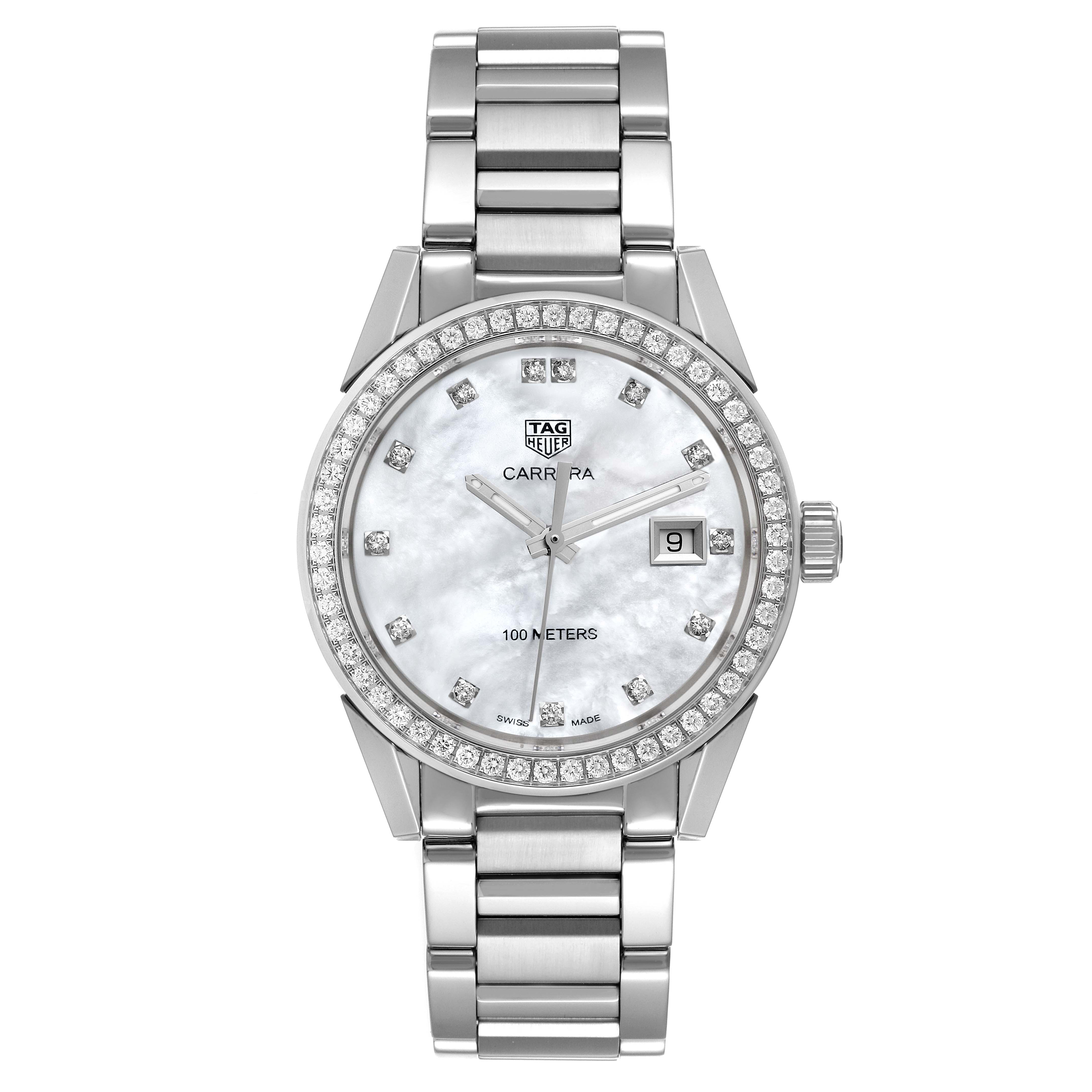 The image shows a front view of the Tag Heuer Carrera WBG1315 Women's Stainless Steel Mother of Pearl Dial WBG1315 Women's Stainless Steel Mother of Pearl Dial watch featuring a silver band, diamond-studded bezel, and date window.