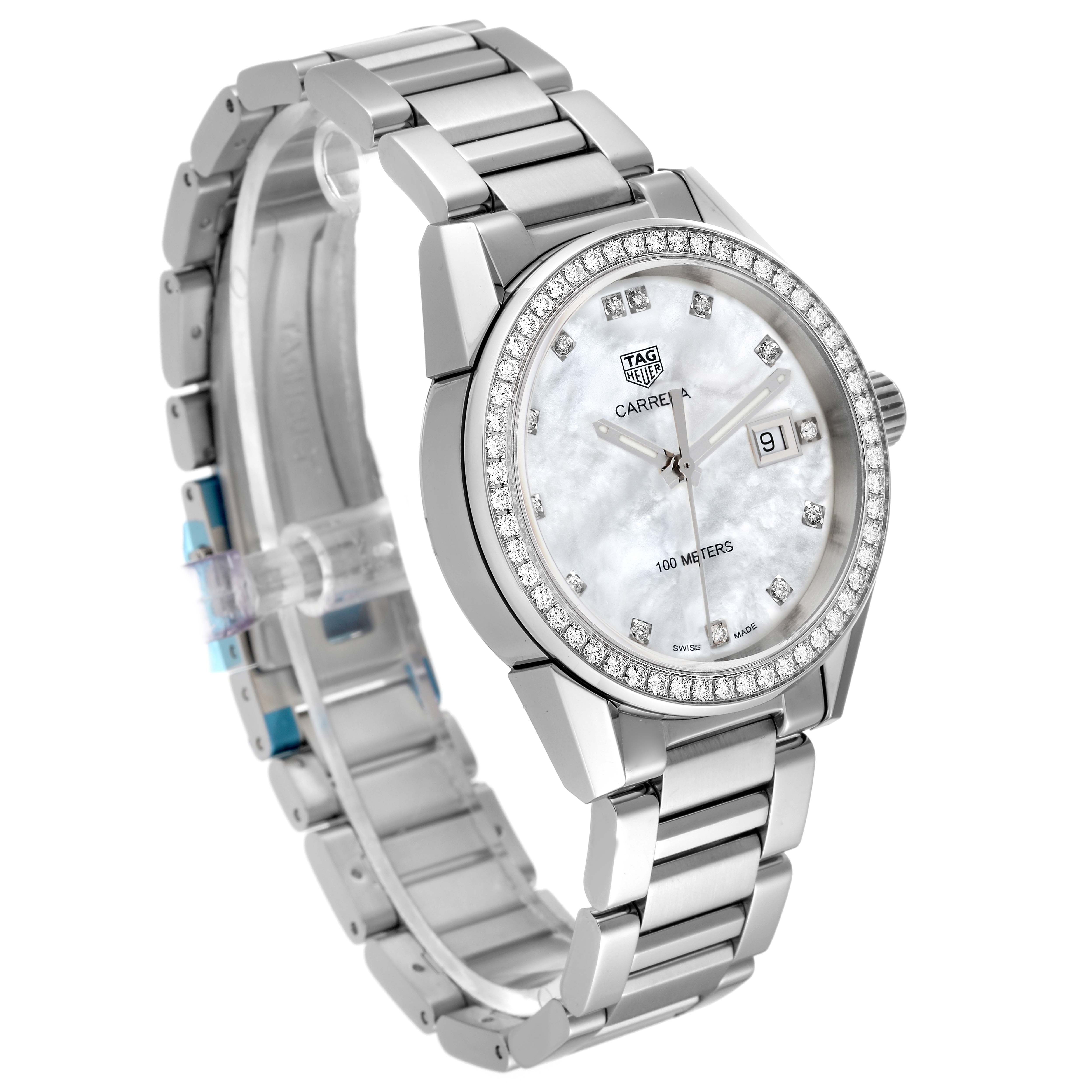 The Tag Heuer Carrera WBG1315 Women's Stainless Steel Mother of Pearl Dial WBG1315 Women's Stainless Steel Mother of Pearl Dial watch is shown from a front angle, displaying its dial, bezel, crown, and bracelet.