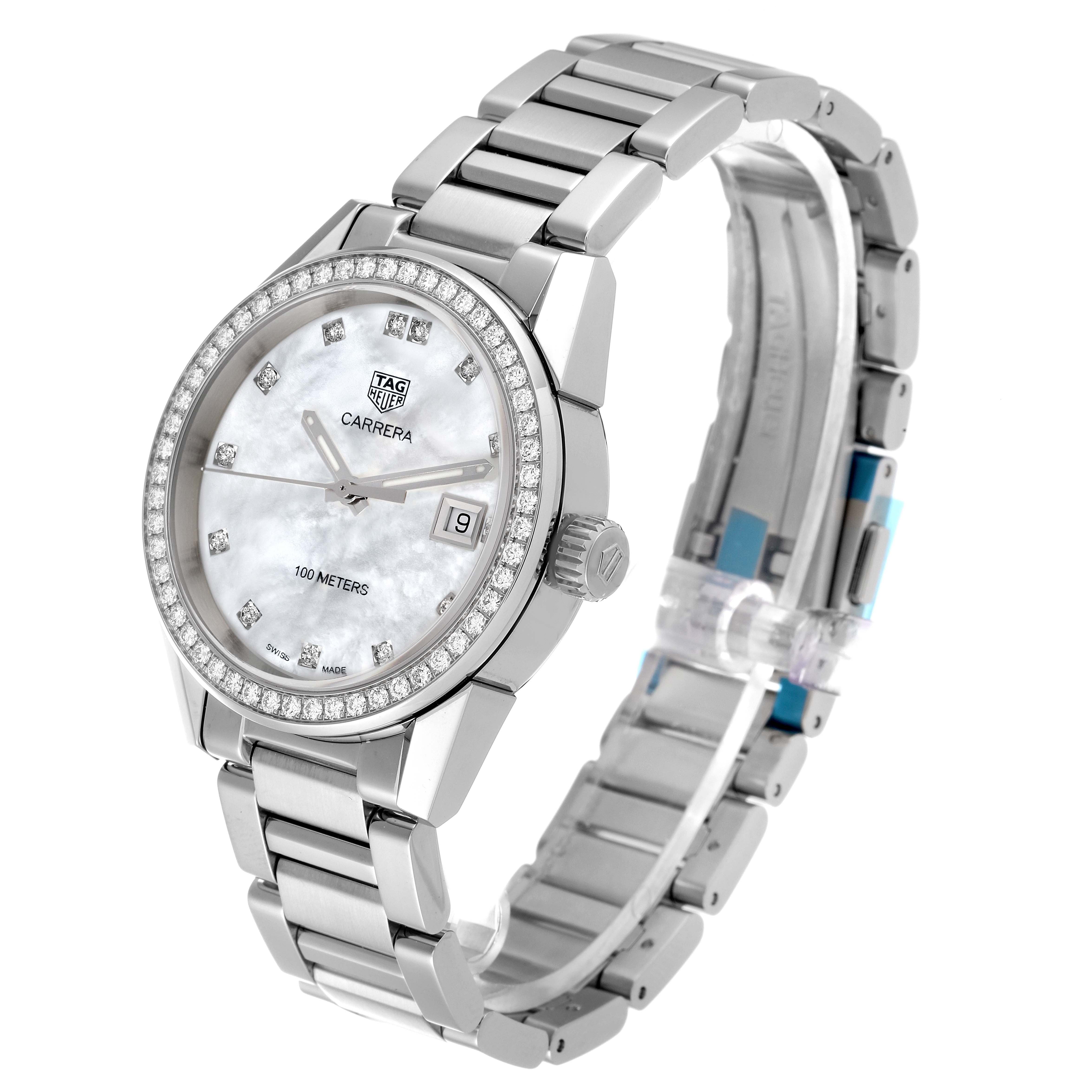 The image shows a Tag Heuer Carrera WBG1315 Women's Stainless Steel Mother of Pearl Dial WBG1315 Women's Stainless Steel Mother of Pearl Dial watch at a slight angle, highlighting the face, bezel, crown, and part of the bracelet.