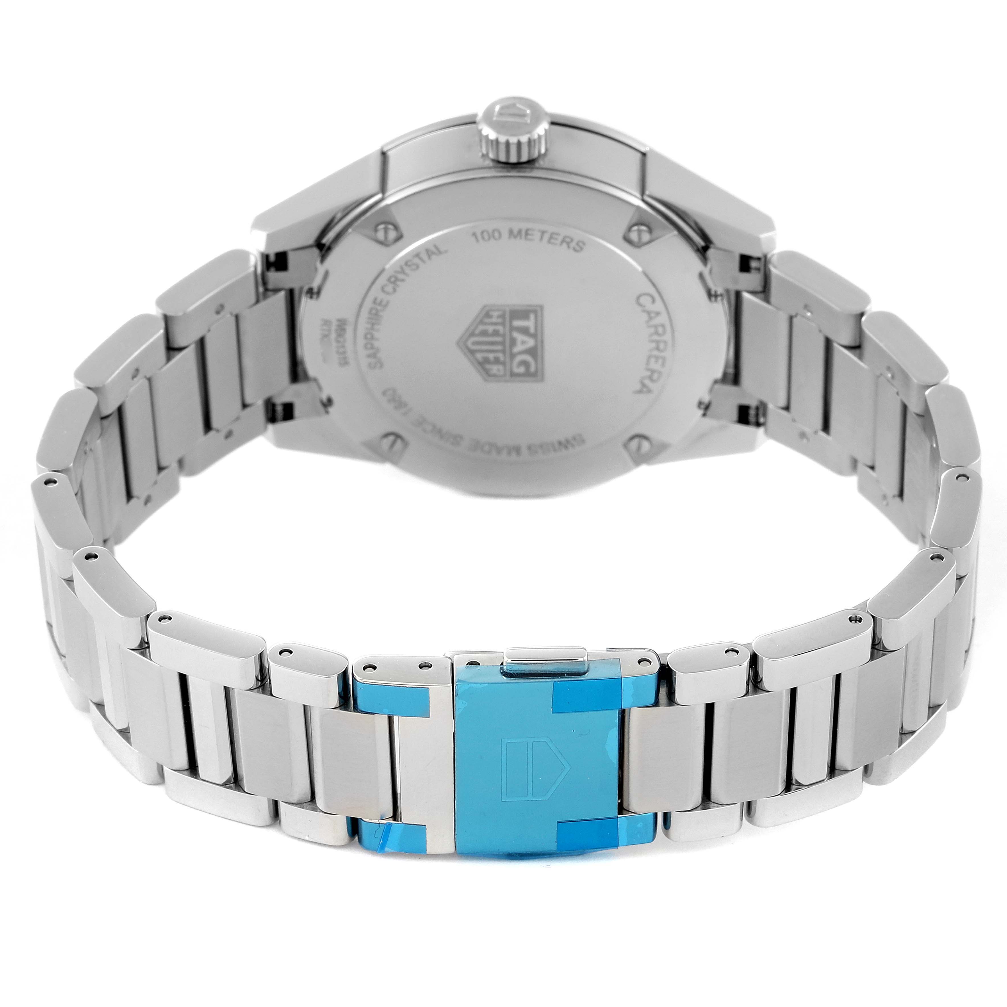 This image shows the back view of the Carrera model by Tag Heuer, including the case back and bracelet clasp.