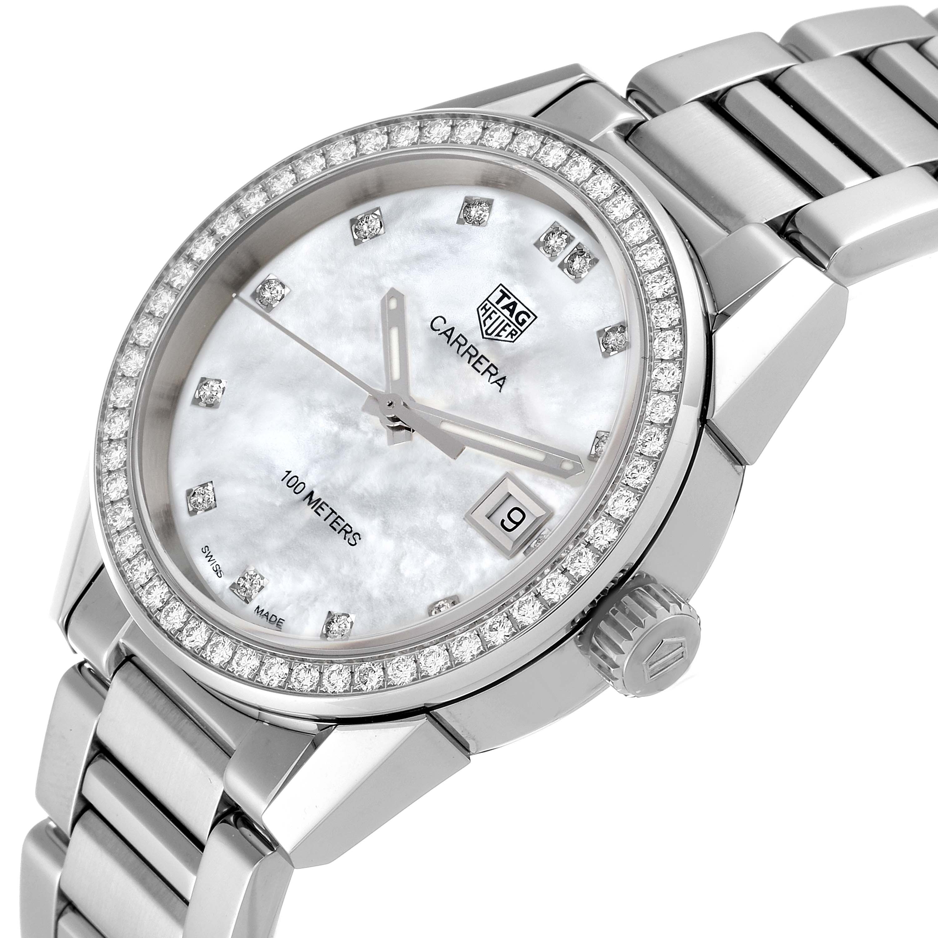 This image shows a close-up angle of the Tag Heuer Carrera WBG1315 Women's Stainless Steel Mother of Pearl Dial WBG1315 Women's Stainless Steel Mother of Pearl Dial watch, highlighting its dial, bezel, and a portion of the bracelet.