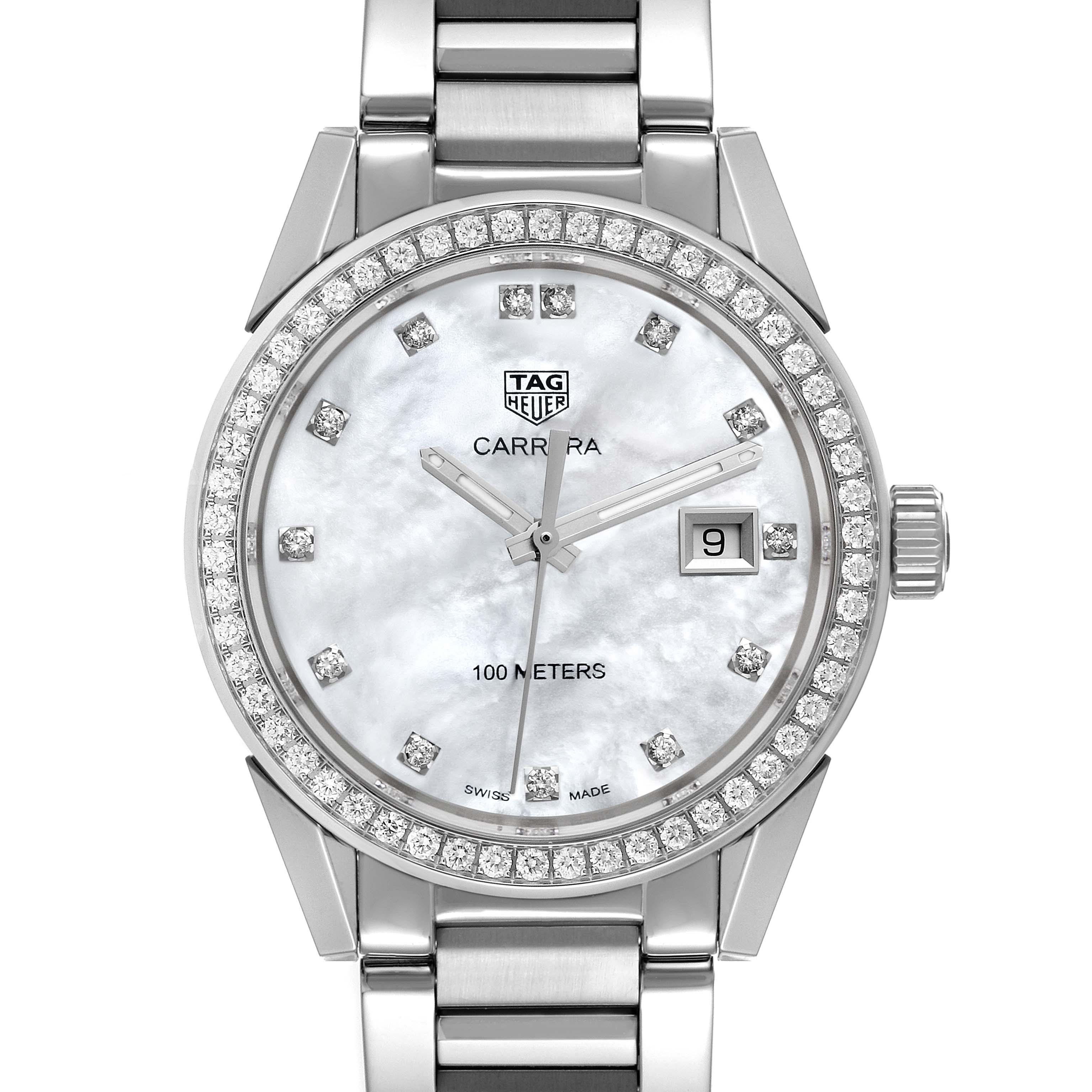 The image shows a front view of the Tag Heuer Carrera WBG1315 Women's Stainless Steel Mother of Pearl Dial WBG1315 Women's Stainless Steel Mother of Pearl Dial watch featuring a diamond-studded bezel and a white dial with date display.