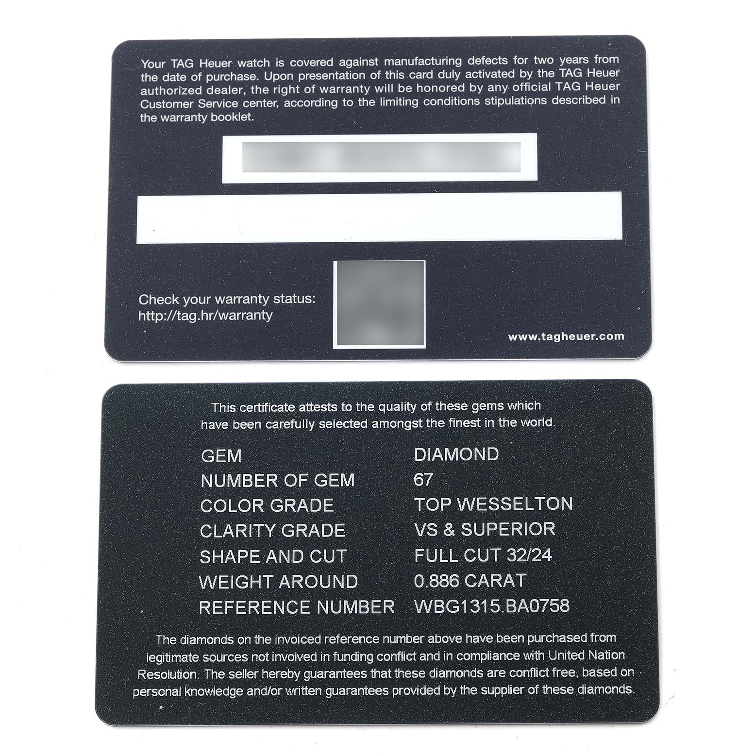 The image shows the front and back of a Tag Heuer Carrera WBG1315 Women's Stainless Steel Mother of Pearl Dial WBG1315 Women's Stainless Steel Mother of Pearl Dial warranty card and gem certificate.