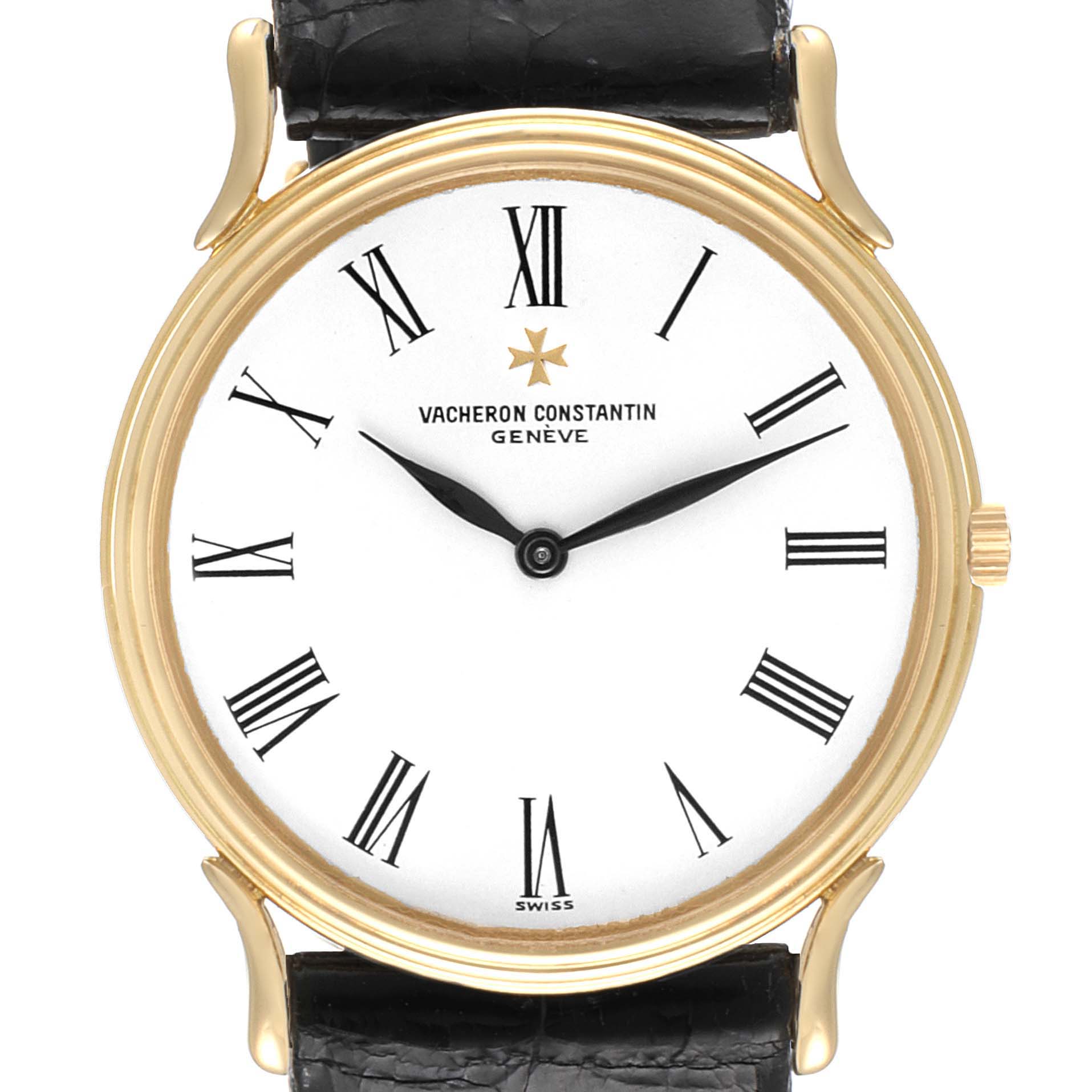 The image shows the face of a Vintage Vacheron Constantin watch with Roman numerals and a black leather strap.