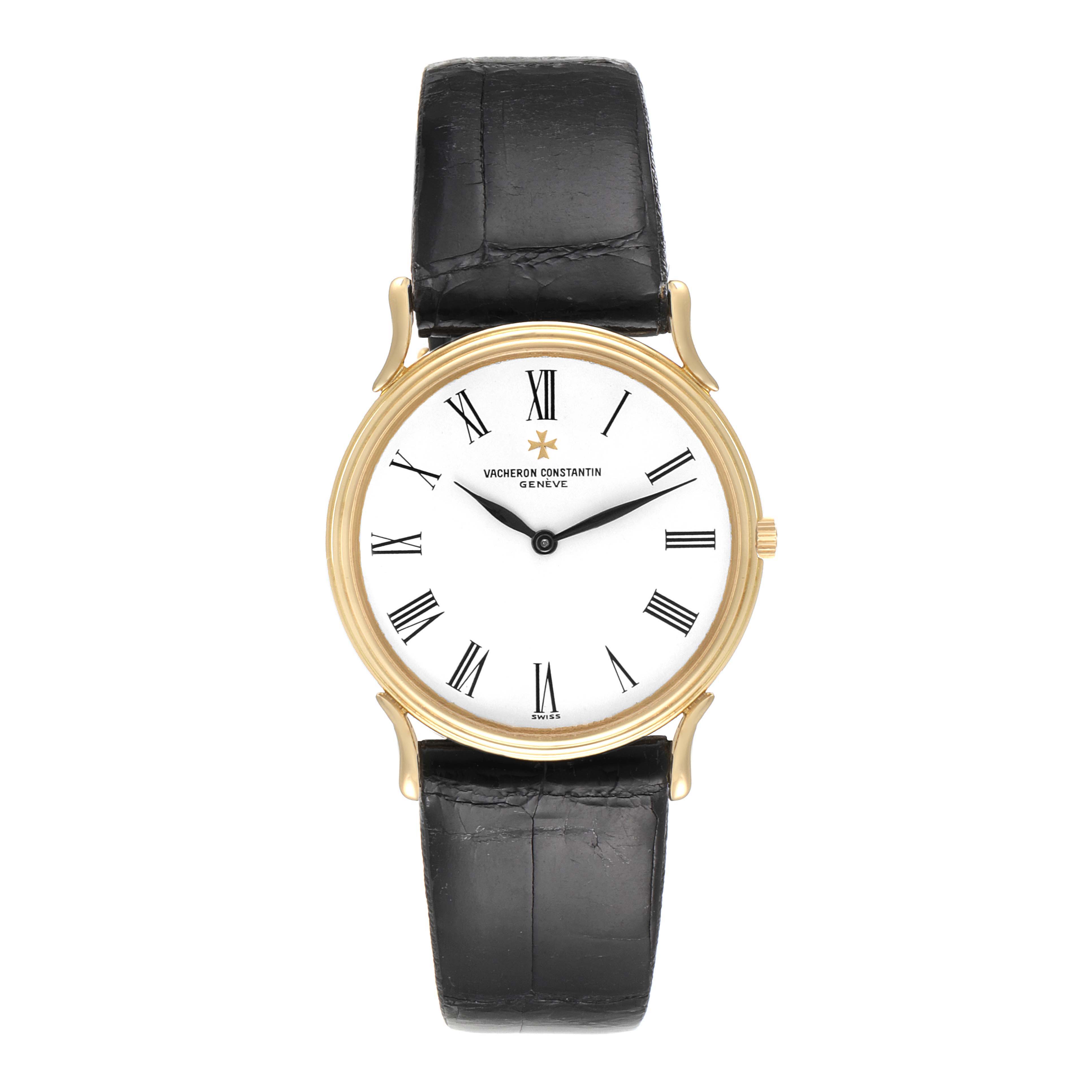 The Vacheron Constantin Vintage 33216 Men's Yellow Gold White Dial 33216 Men's Yellow Gold White Dial watch is shown from the front, featuring its dial, gold case, and black leather strap.