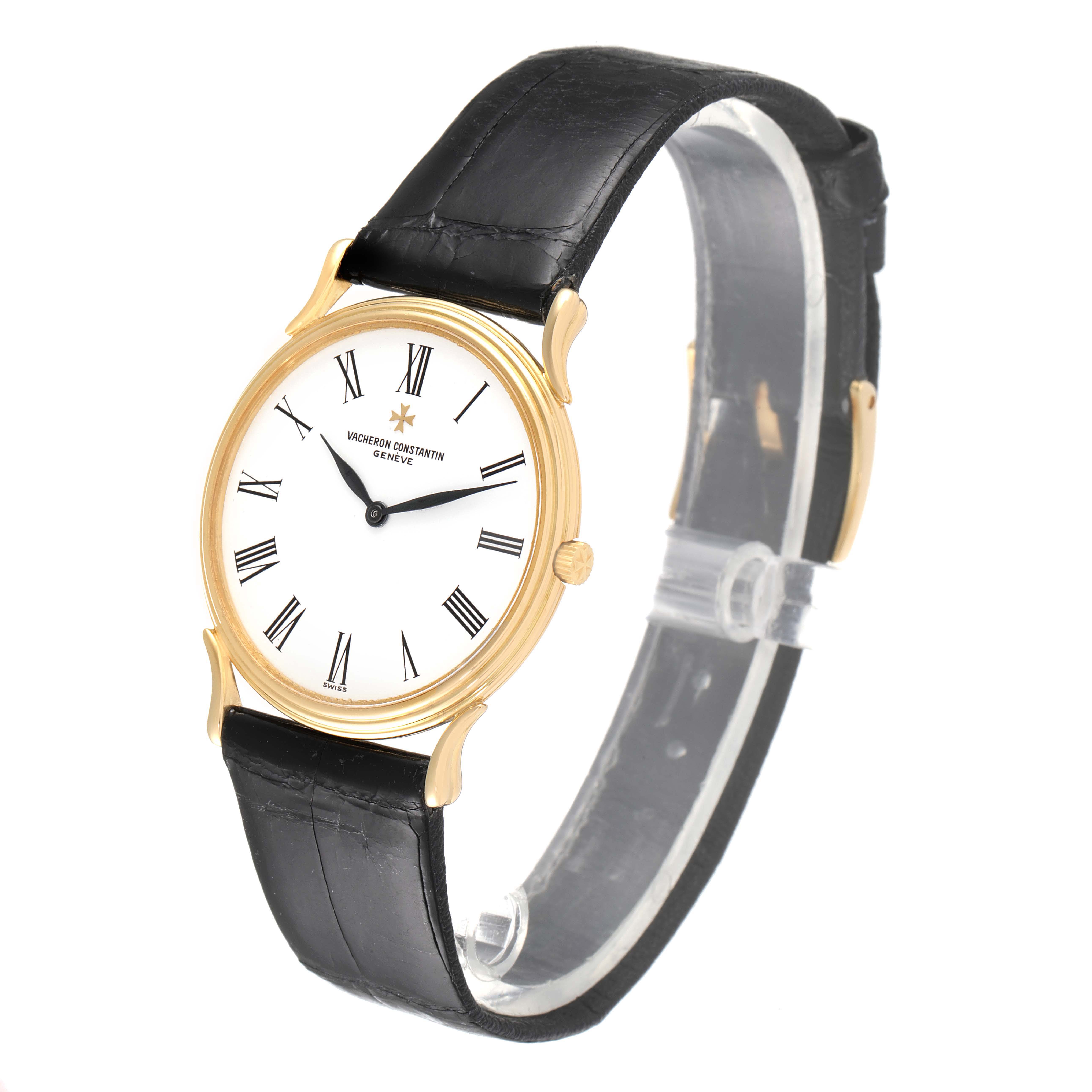 The image shows a Vintage Vacheron Constantin watch from a three-quarter angle, displaying the face, crown, case, and leather strap.