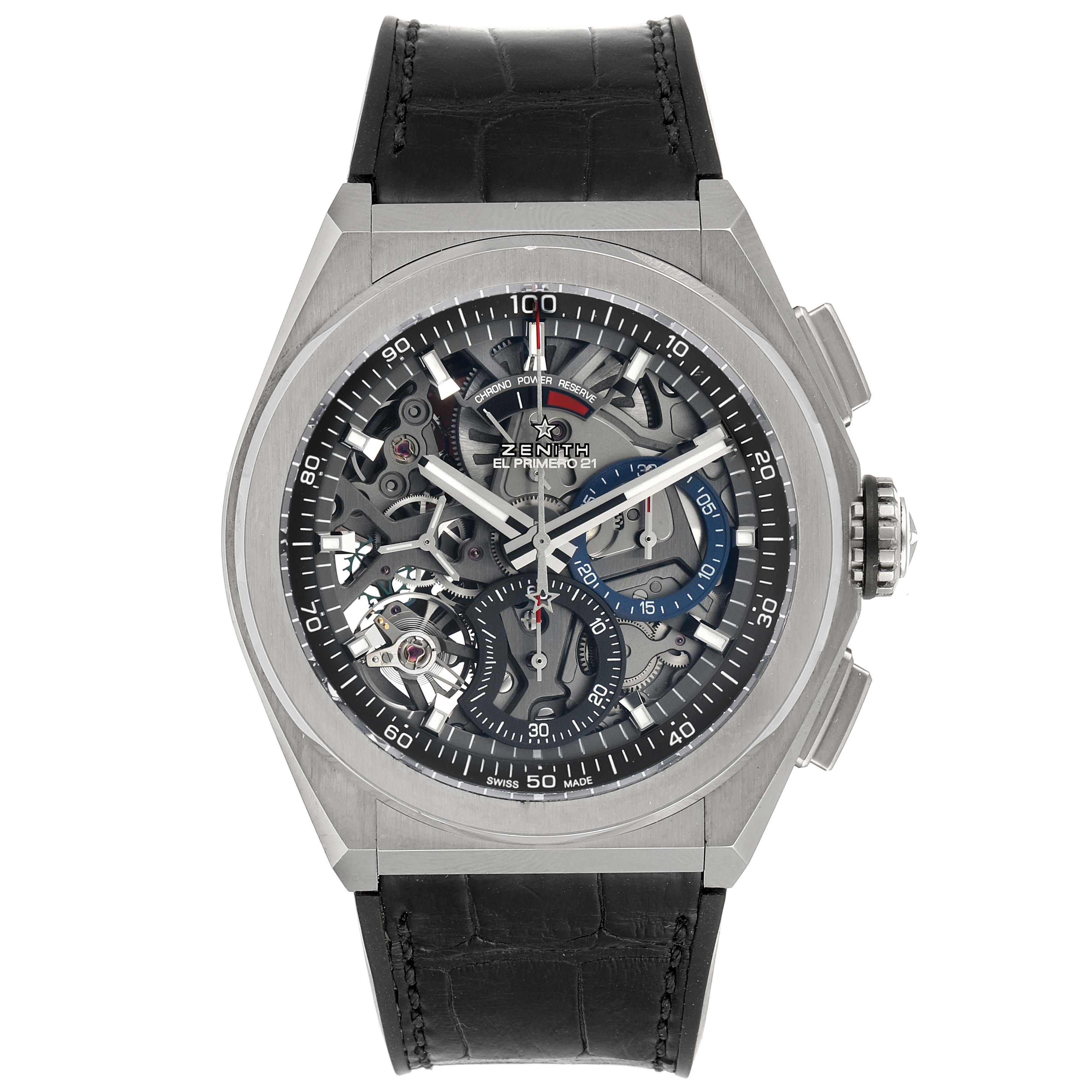 The image shows a front view of the Zenith Defy 95.9000.9004/78.M9000 Men's Titanium Grey Dial 95.9000.9004/78.M9000 Men's Titanium Grey Dial model watch showcasing its skeleton dial and leather strap.