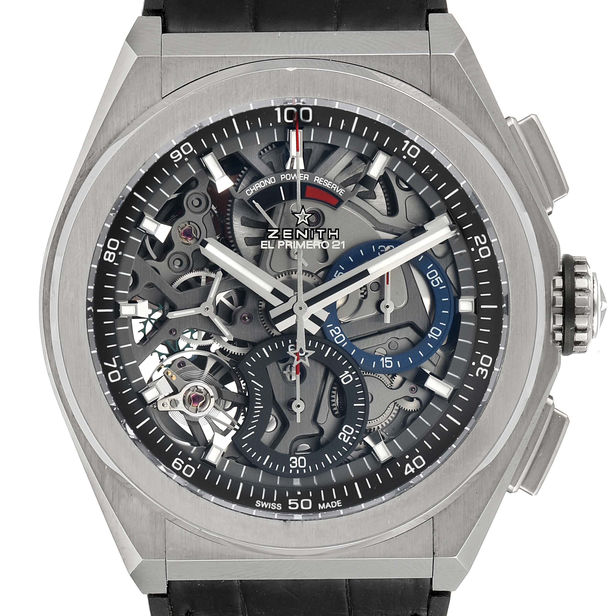 This is a front view of the Zenith Defy 95.9000.9004/78.M9000 Men's Titanium Grey Dial 95.9000.9004/78.M9000 Men's Titanium Grey Dial model watch showcasing its detailed skeleton dial and chronograph subdials.
