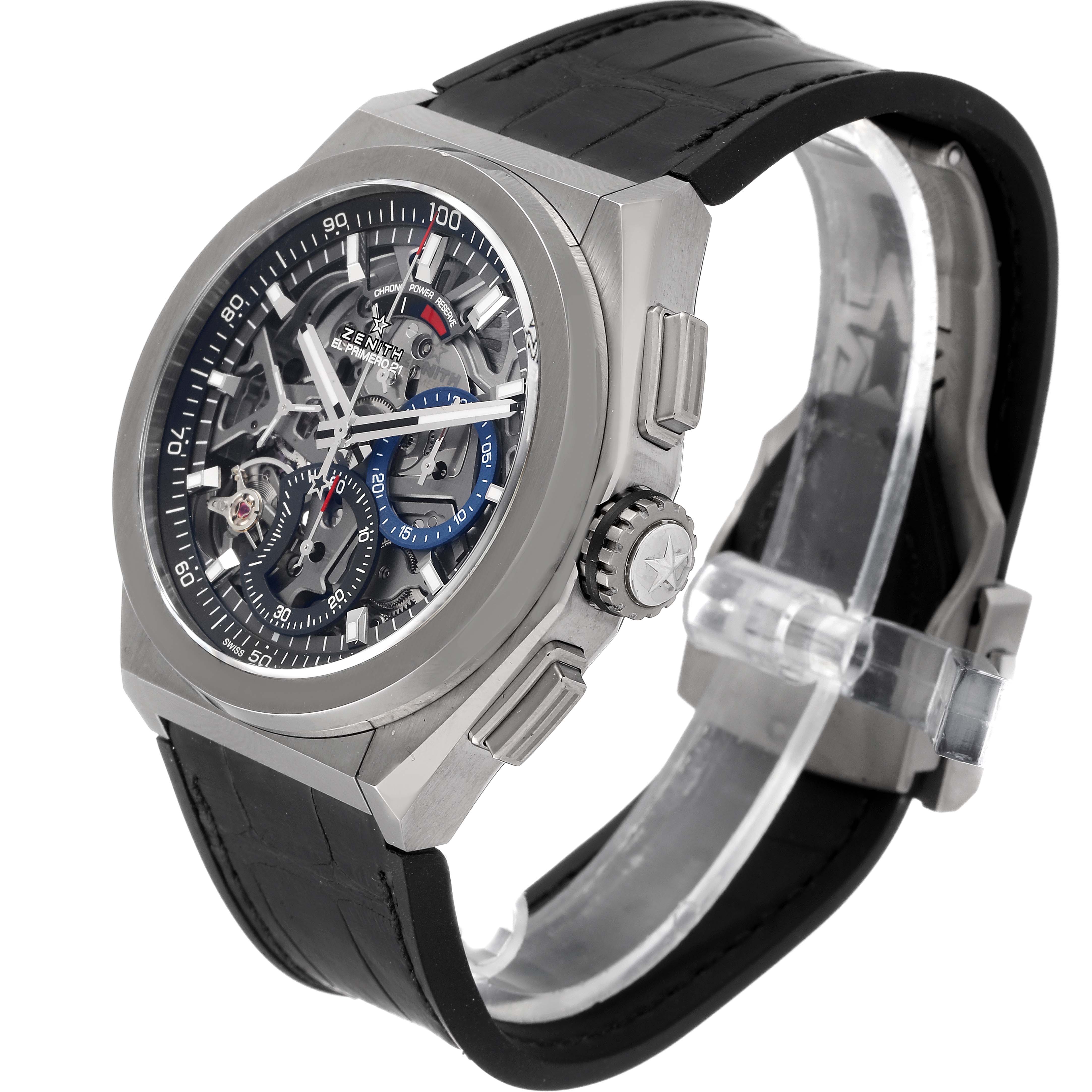 The image displays a Zenith Defy 95.9000.9004/78.M9000 Men's Titanium Grey Dial 95.9000.9004/78.M9000 Men's Titanium Grey Dial watch at a three-quarter angle, showcasing the face, crown, buttons, and part of the band.