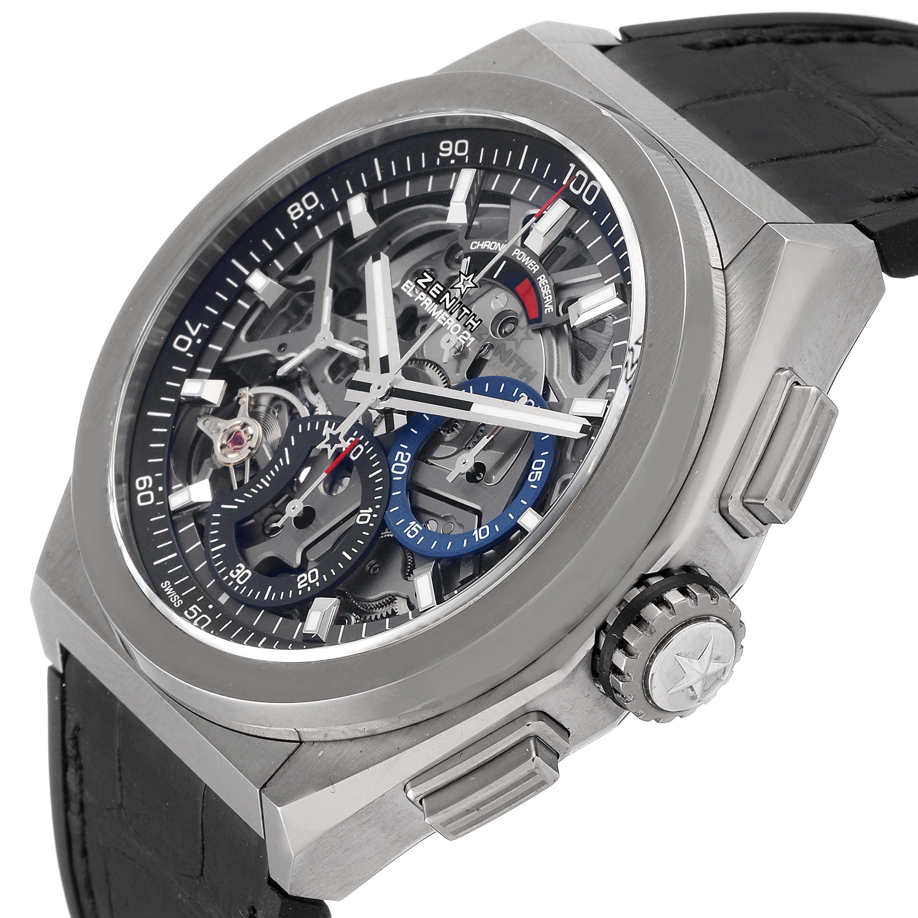 This Zenith Defy 95.9000.9004/78.M9000 Men's Titanium Grey Dial 95.9000.9004/78.M9000 Men's Titanium Grey Dial model watch is shown at an angle highlighting the case, skeleton dial, crown, and part of the strap.