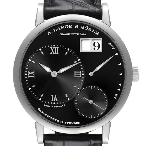 The Lange 1 by A. Lange & Söhne is shown from the front, displaying its black dial, off-center time subdial, date window, and power reserve indicator.