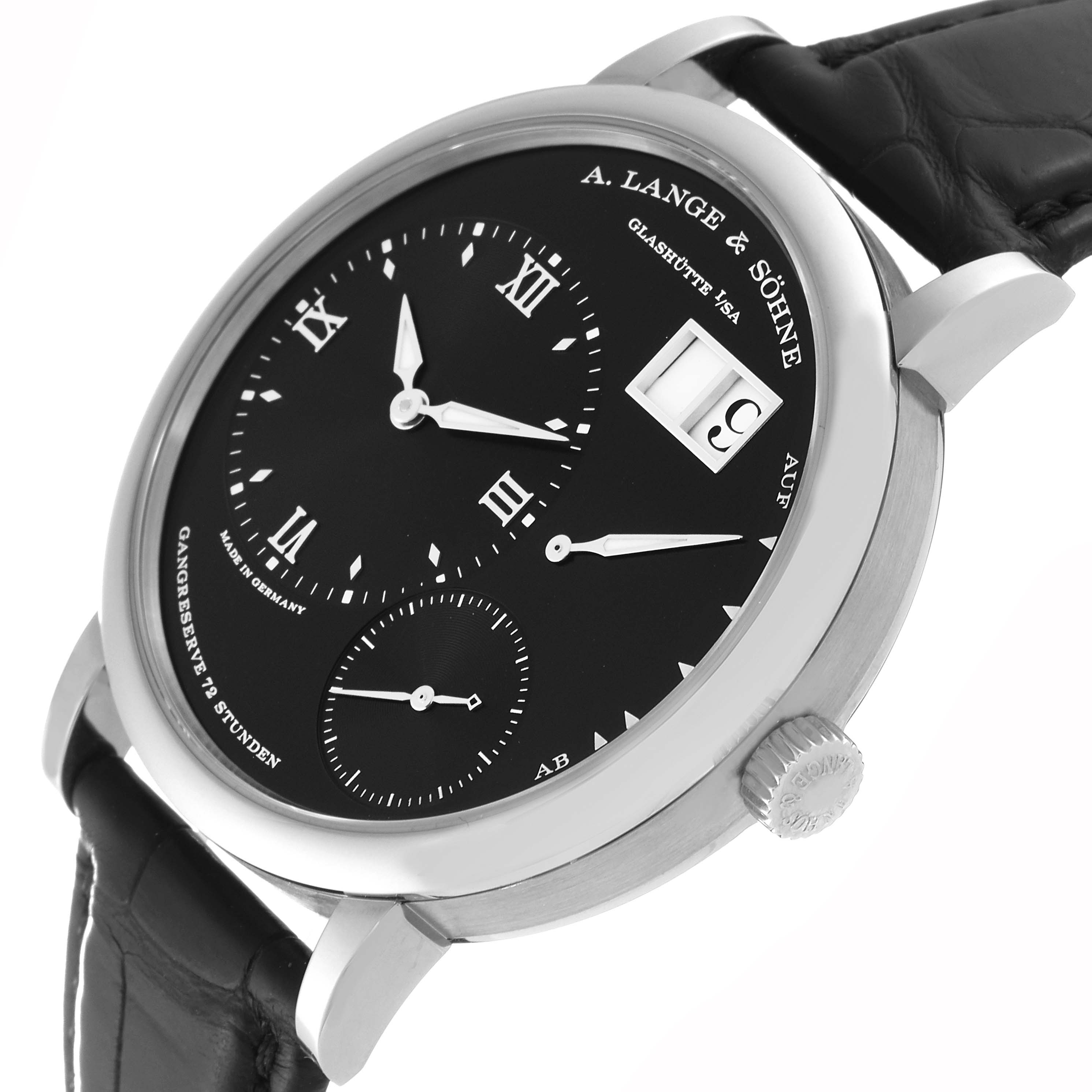 The image displays a side angle view of the Lange 1 model by A. Lange & Söhne, showcasing the watch face, crown, and strap.