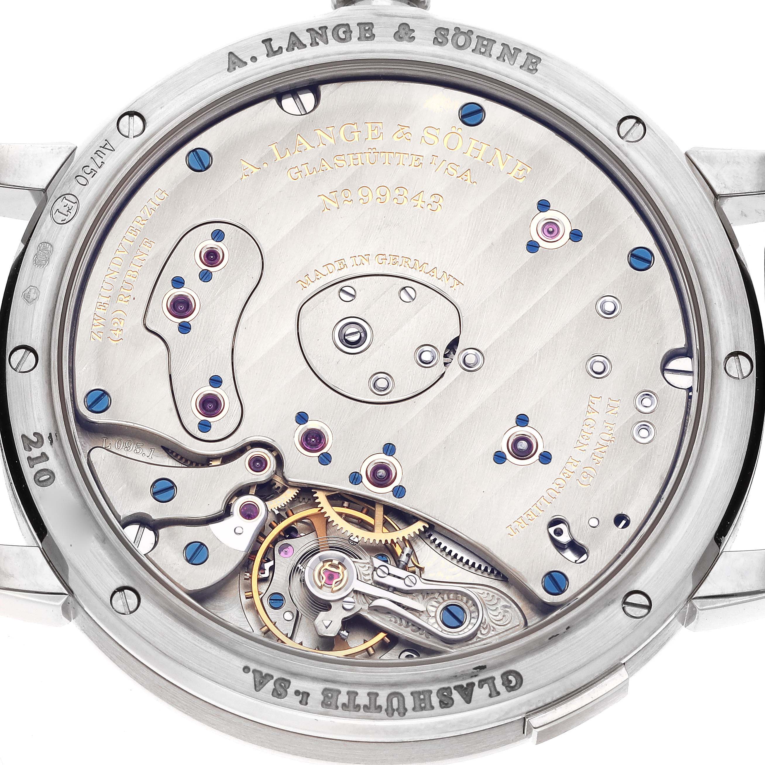 The image shows the back view of the Lange 1 model by A. Lange & Söhne, highlighting its intricate mechanical movement.