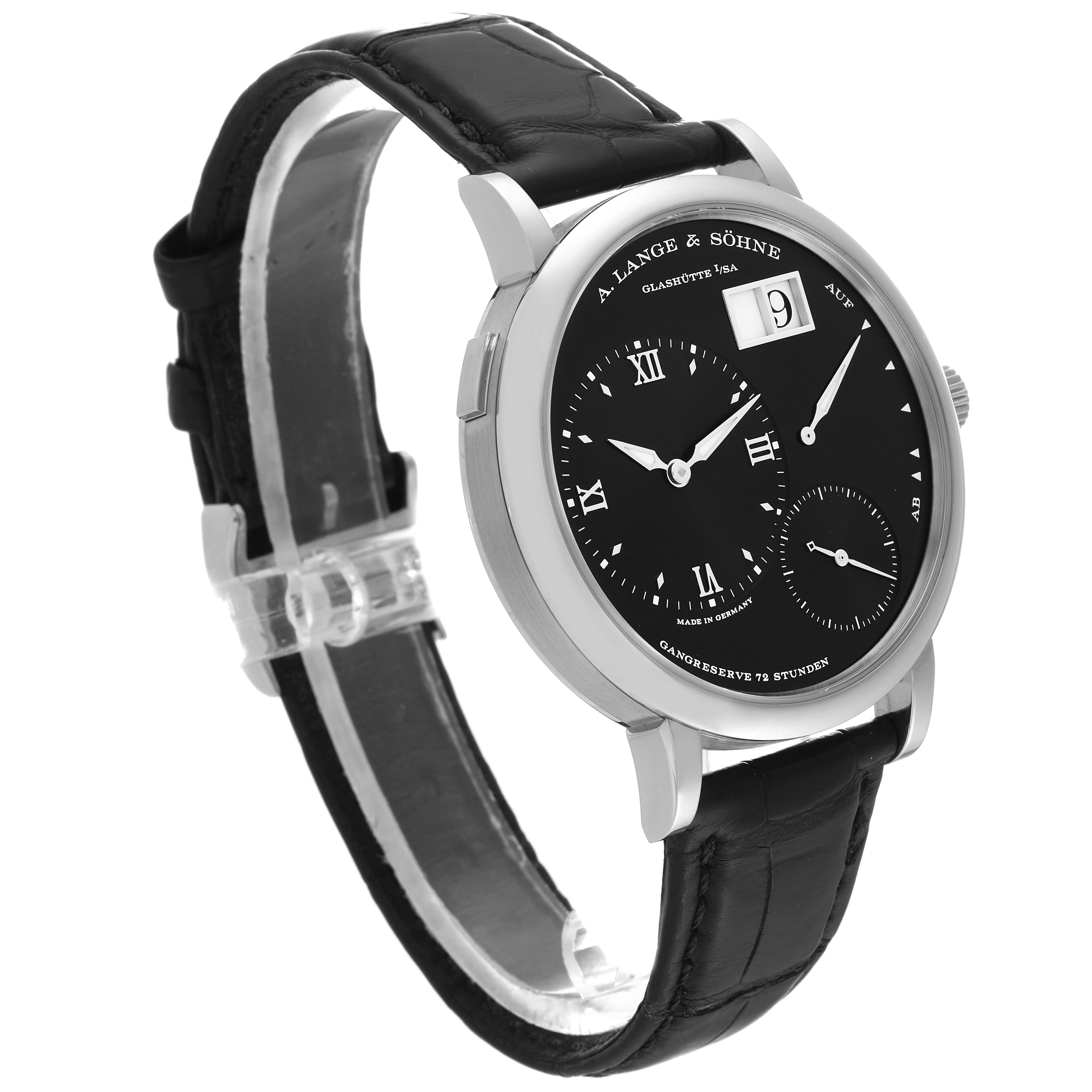 The image shows an angled side view of the A. Lange & Sohne Lange 1 117.028 Men's White Gold Black Dial watch, displaying its black dial, silver casing, and leather strap.