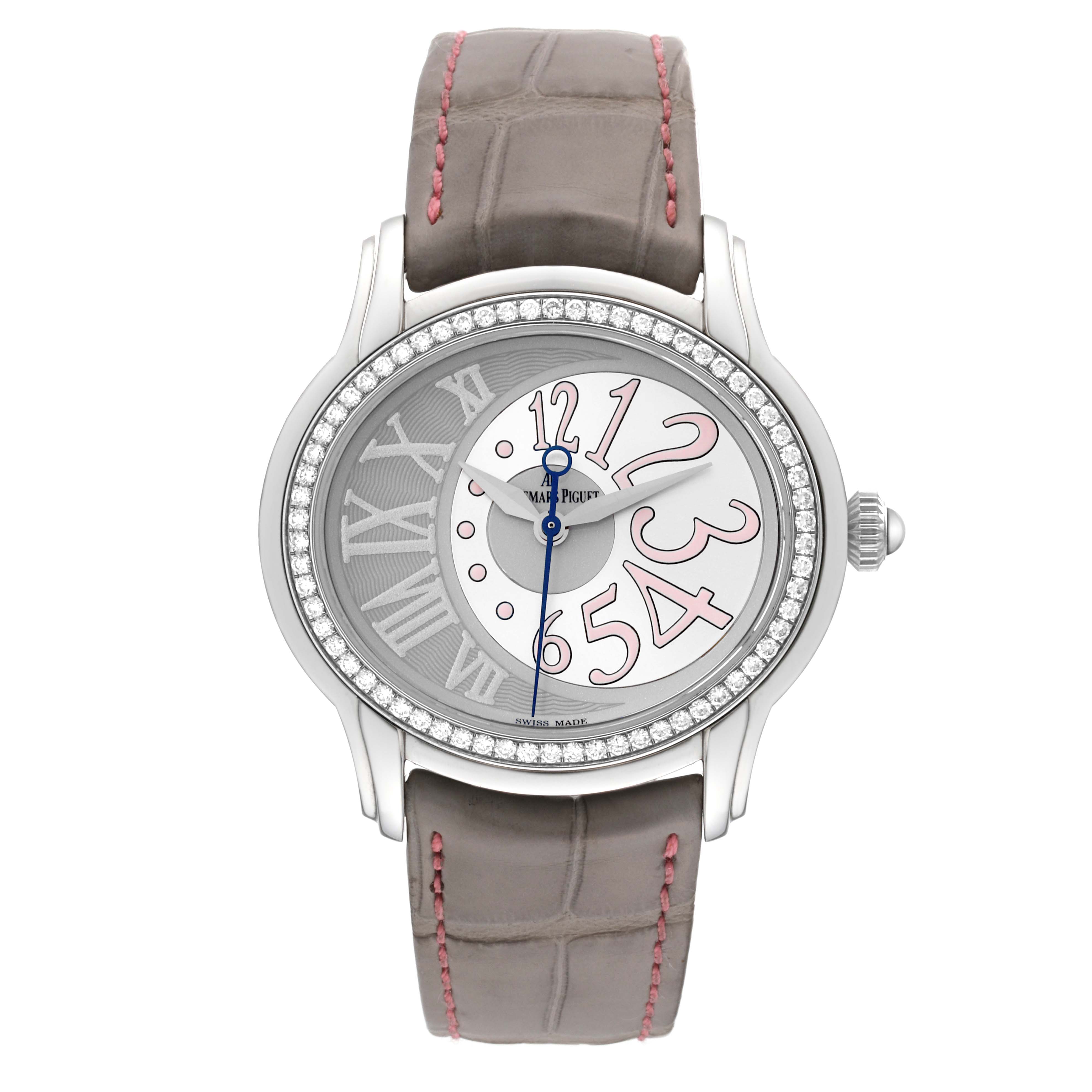 The image shows a front view of the Audemars Piguet Millenary 77301ST.ZZ.D009CR.01 Women's Stainless Steel Silver Dial 77301ST.ZZ.D009CR.01 Women's Stainless Steel Silver Dial watch with a leather strap and diamond-encrusted bezel.