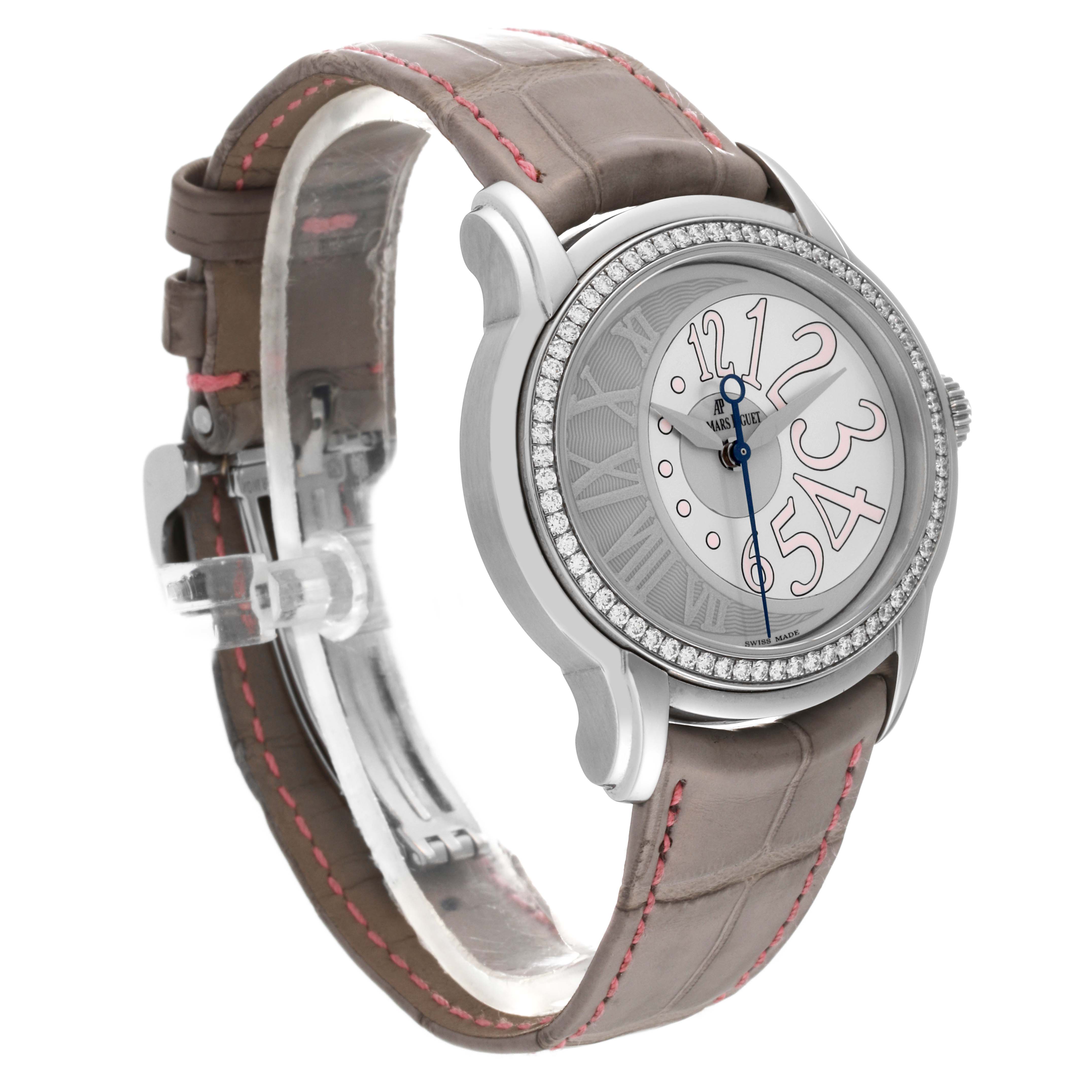 This image shows a side angle of an Audemars Piguet Millenary 77301ST.ZZ.D009CR.01 Women's Stainless Steel Silver Dial 77301ST.ZZ.D009CR.01 Women's Stainless Steel Silver Dial watch, highlighting its face, bezel, and leather strap.