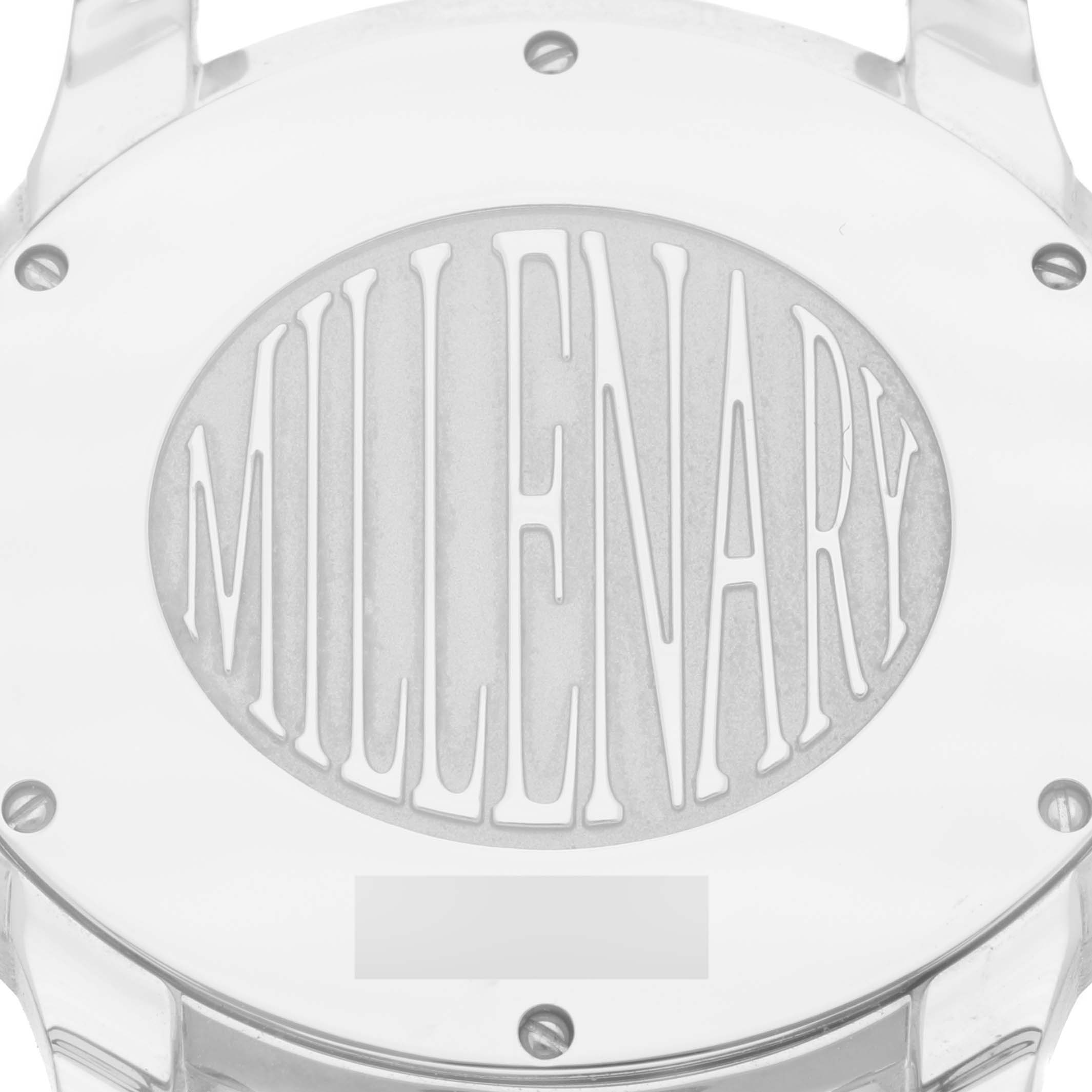 This image shows the back case of an Audemars Piguet Millenary 77301ST.ZZ.D009CR.01 Women's Stainless Steel Silver Dial 77301ST.ZZ.D009CR.01 Women's Stainless Steel Silver Dial model watch, highlighted by the "Millenary" engraving.