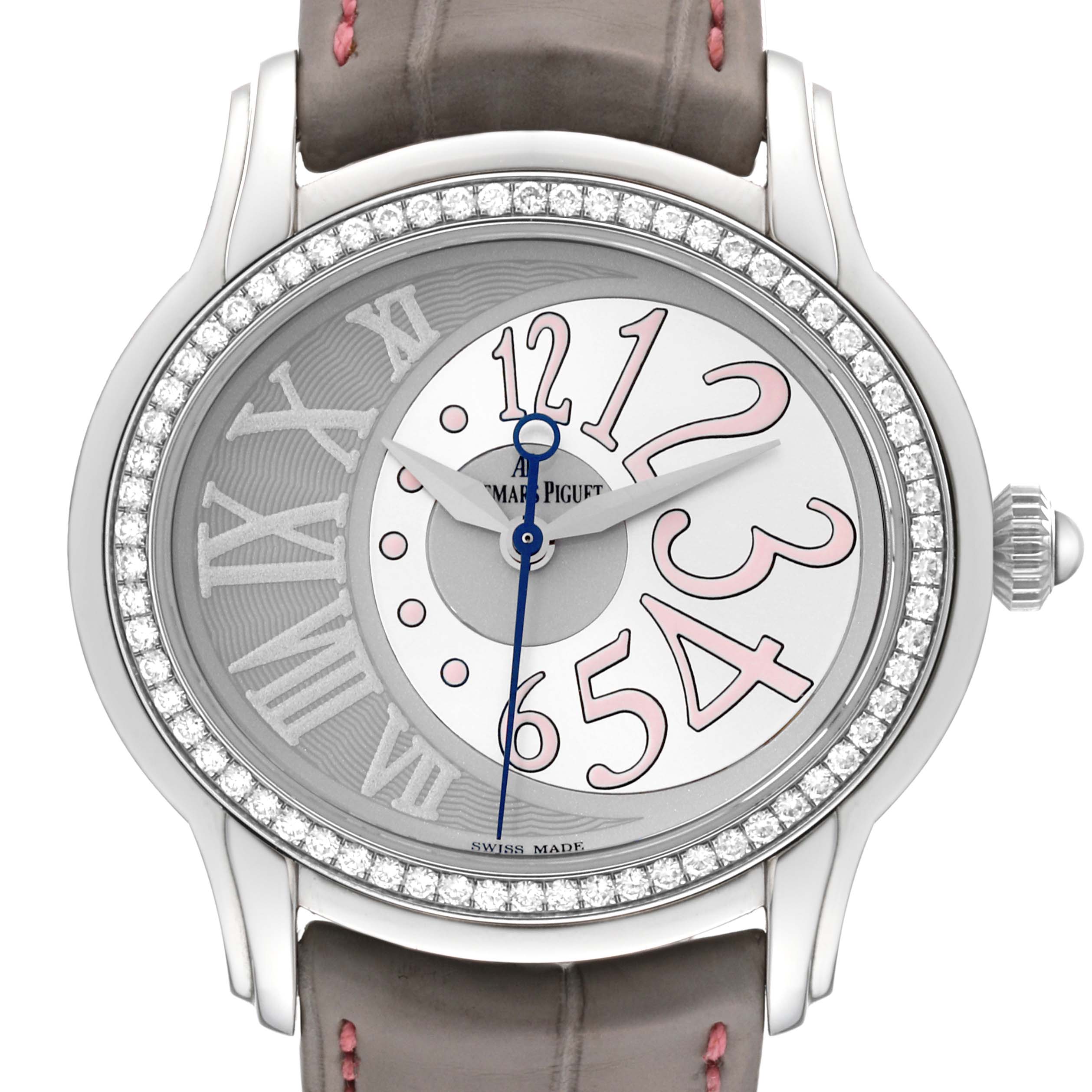 This image shows the face of an Audemars Piguet Millenary 77301ST.ZZ.D009CR.01 Women's Stainless Steel Silver Dial 77301ST.ZZ.D009CR.01 Women's Stainless Steel Silver Dial watch at a straight-on angle, highlighting its dial, case, and bezel.