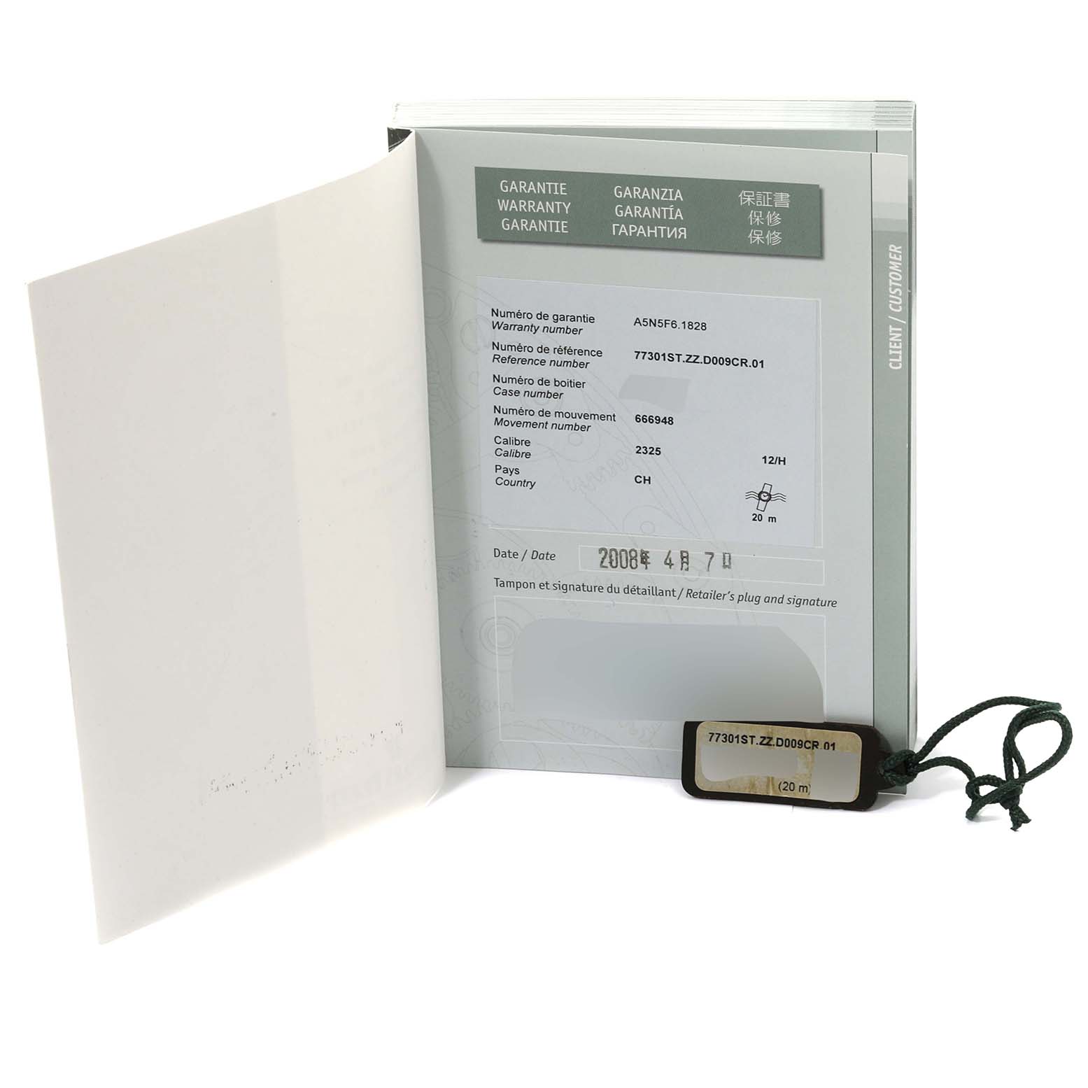 The image shows the warranty booklet and tag for an Audemars Piguet Millenary 77301ST.ZZ.D009CR.01 Women's Stainless Steel Silver Dial 77301ST.ZZ.D009CR.01 Women's Stainless Steel Silver Dial model watch.