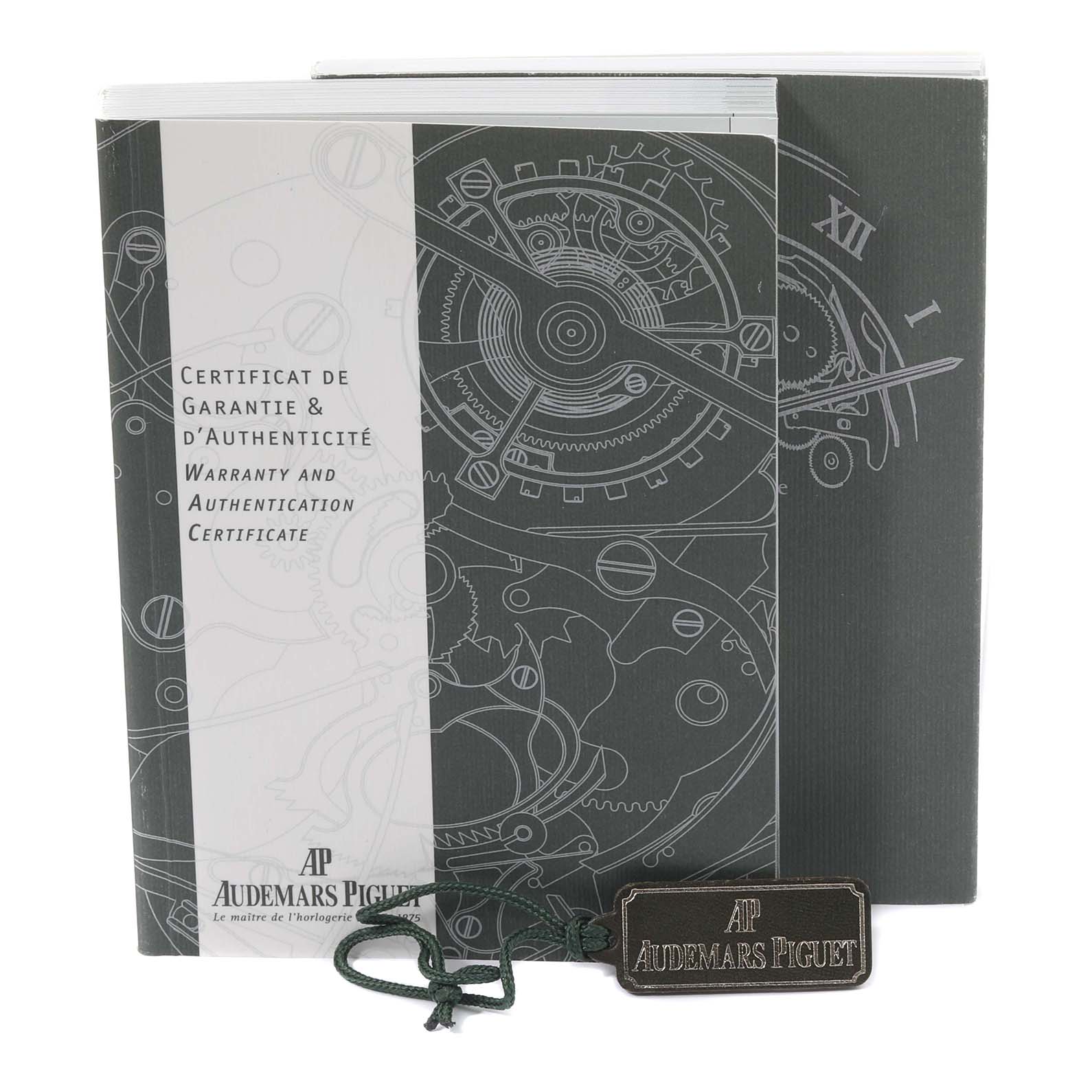 The image shows the warranty and authentication certificate along with a tag for the Audemars Piguet Millenary 77301ST.ZZ.D009CR.01 Women's Stainless Steel Silver Dial 77301ST.ZZ.D009CR.01 Women's Stainless Steel Silver Dial model.