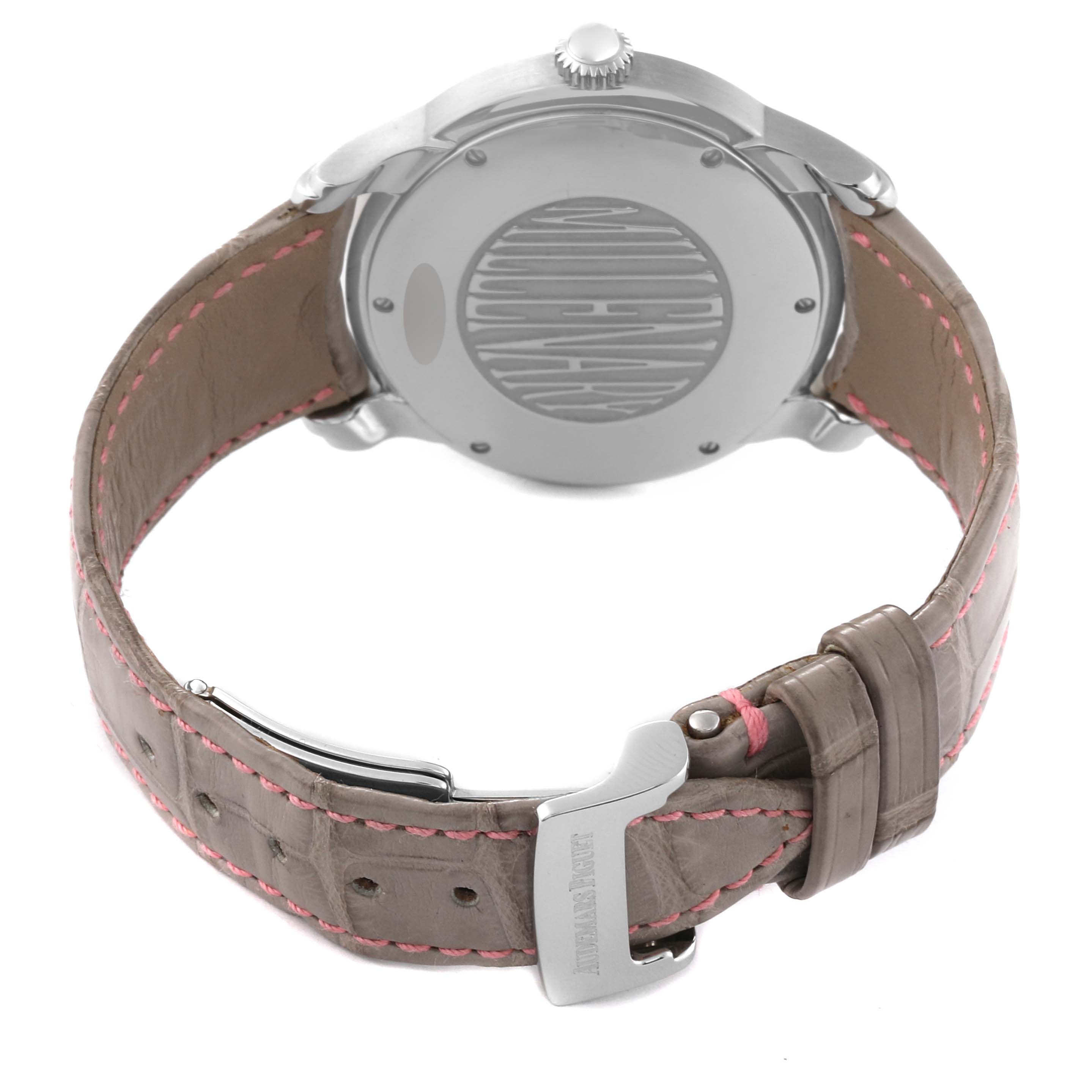 The image shows the back case and strap of an Audemars Piguet Millenary 77301ST.ZZ.D009CR.01 Women's Stainless Steel Silver Dial 77301ST.ZZ.D009CR.01 Women's Stainless Steel Silver Dial model watch from a rear angle.