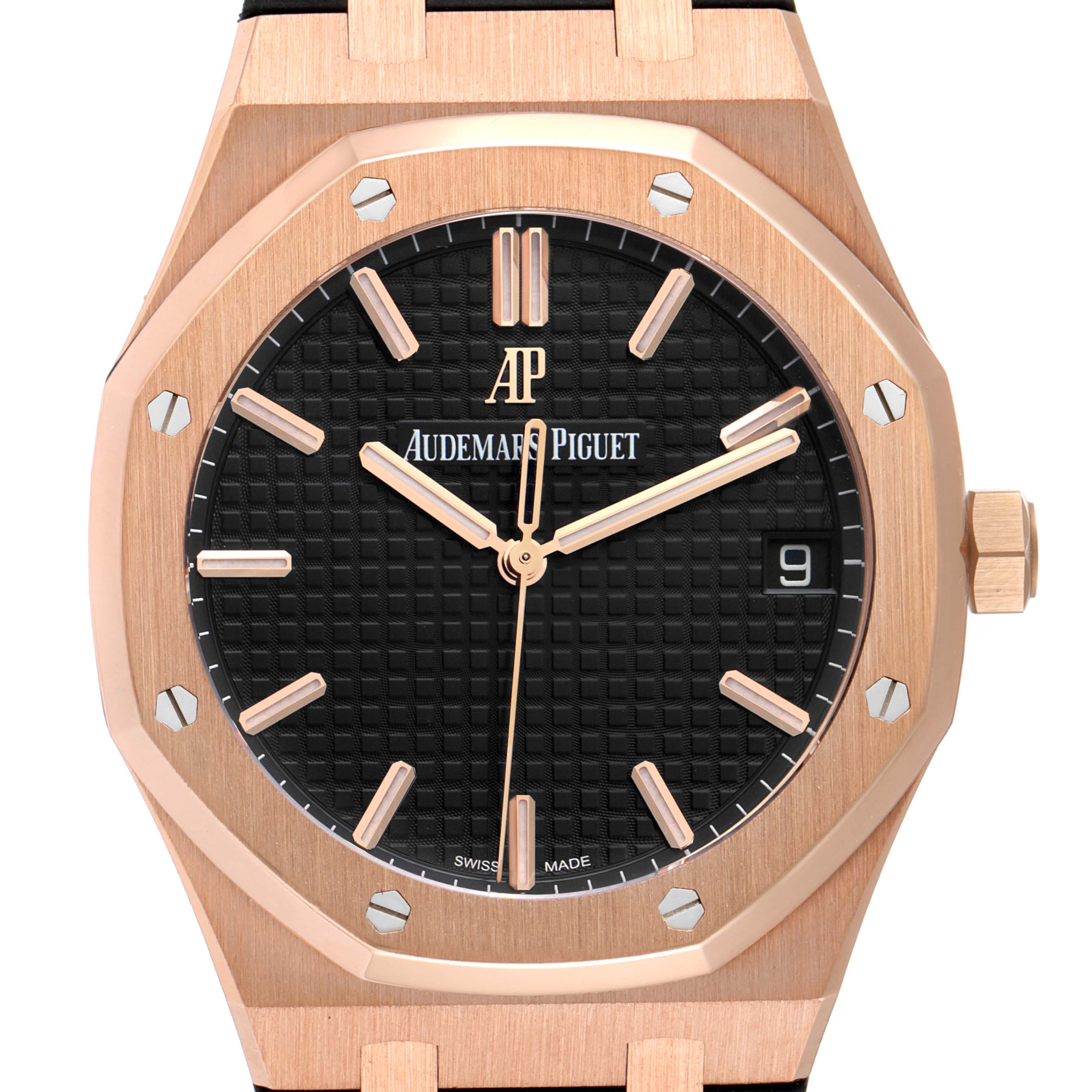 This image shows a close-up, front view of the Audemars Piguet Royal Oak 15500OR.OO.D002CR.01 Men's Rose Gold Black Dial 15500OR.OO.D002CR.01 Men's Rose Gold Black Dial watch, highlighting its octagonal bezel and black dial.