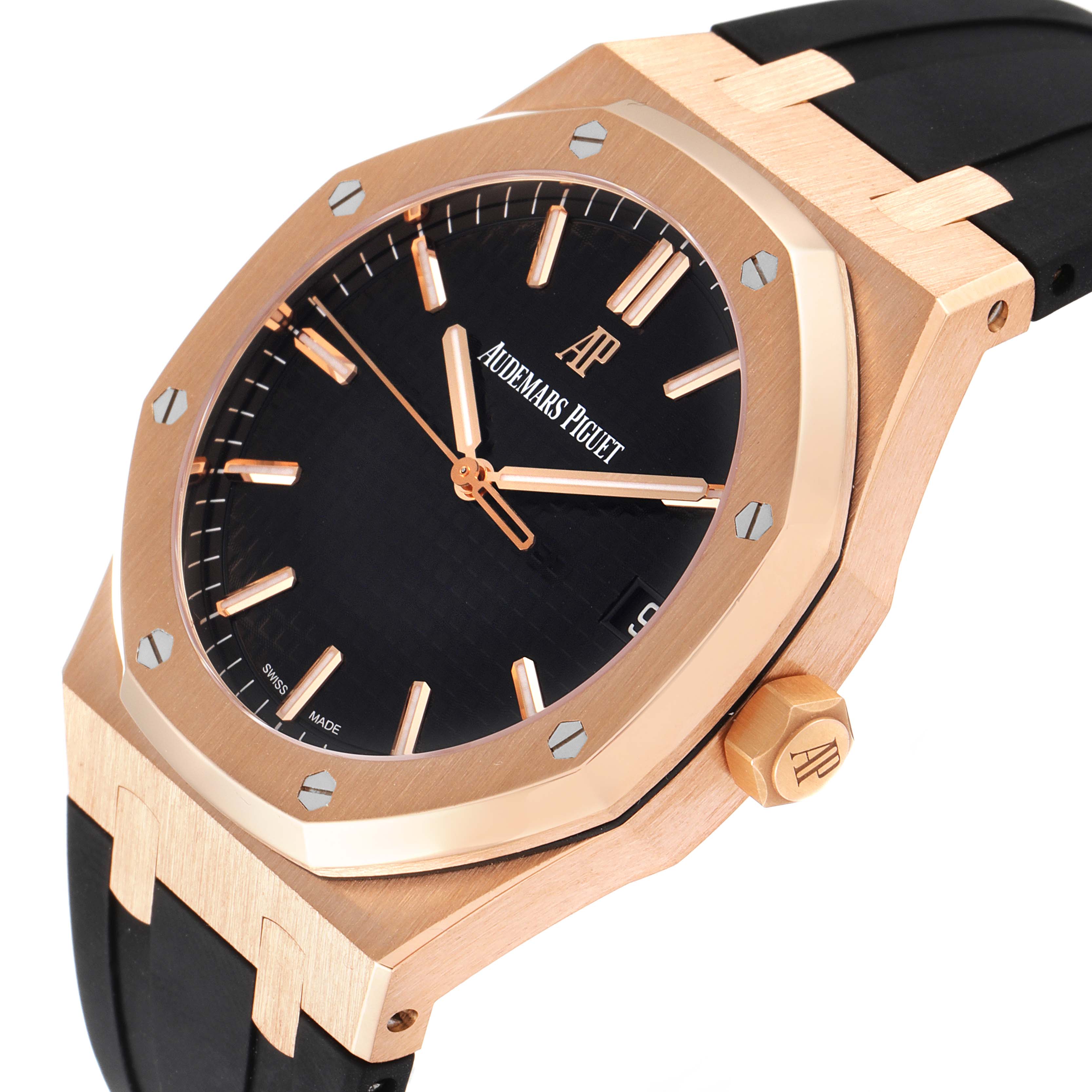 The image shows a close-up, angled view of an Audemars Piguet Royal Oak 15500OR.OO.D002CR.01 Men's Rose Gold Black Dial 15500OR.OO.D002CR.01 Men's Rose Gold Black Dial watch, displaying the face, bezel, crown, and part of the strap.
