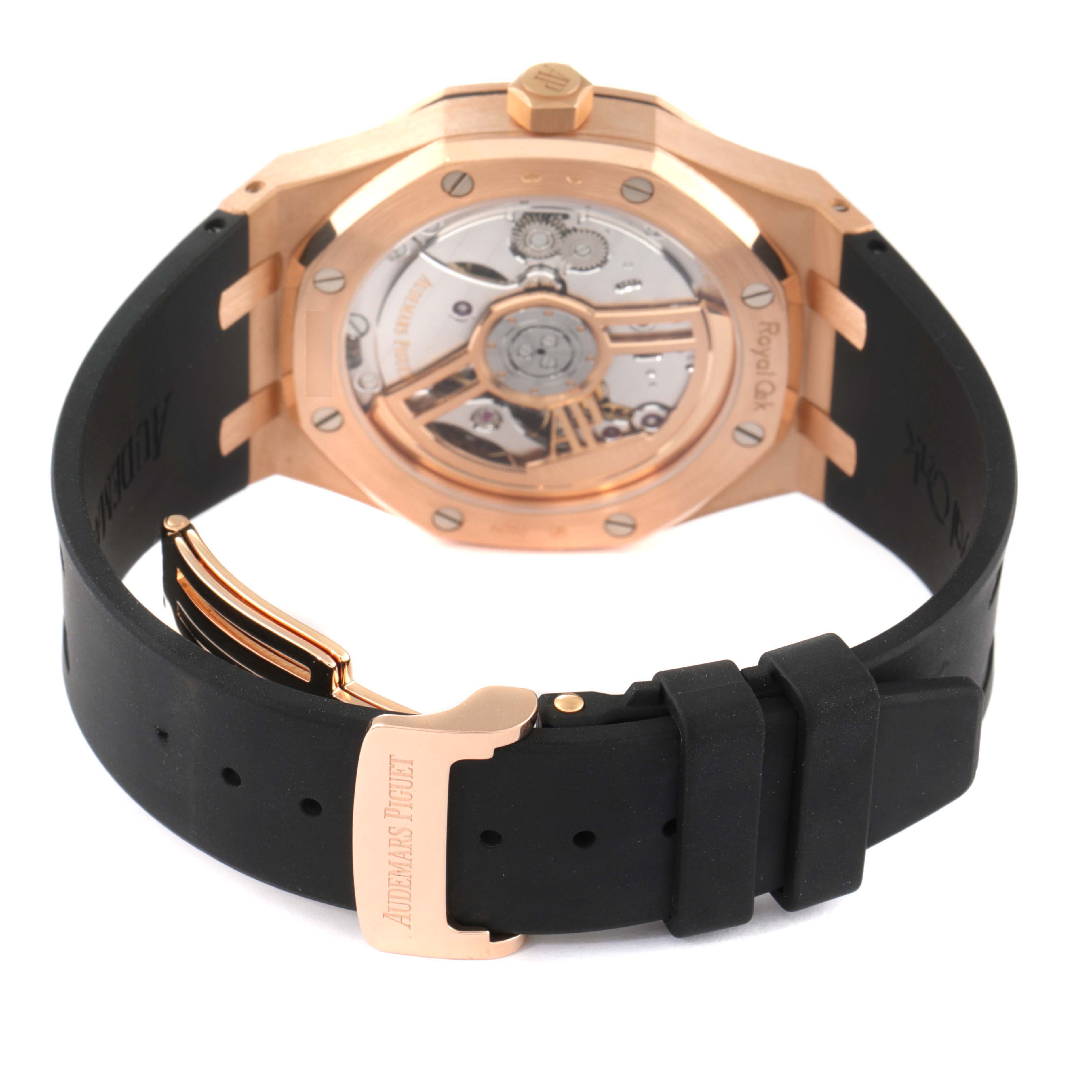 This image shows the case back and clasp of the Audemars Piguet Royal Oak 15500OR.OO.D002CR.01 Men's Rose Gold Black Dial 15500OR.OO.D002CR.01 Men's Rose Gold Black Dial watch from a rear angle.