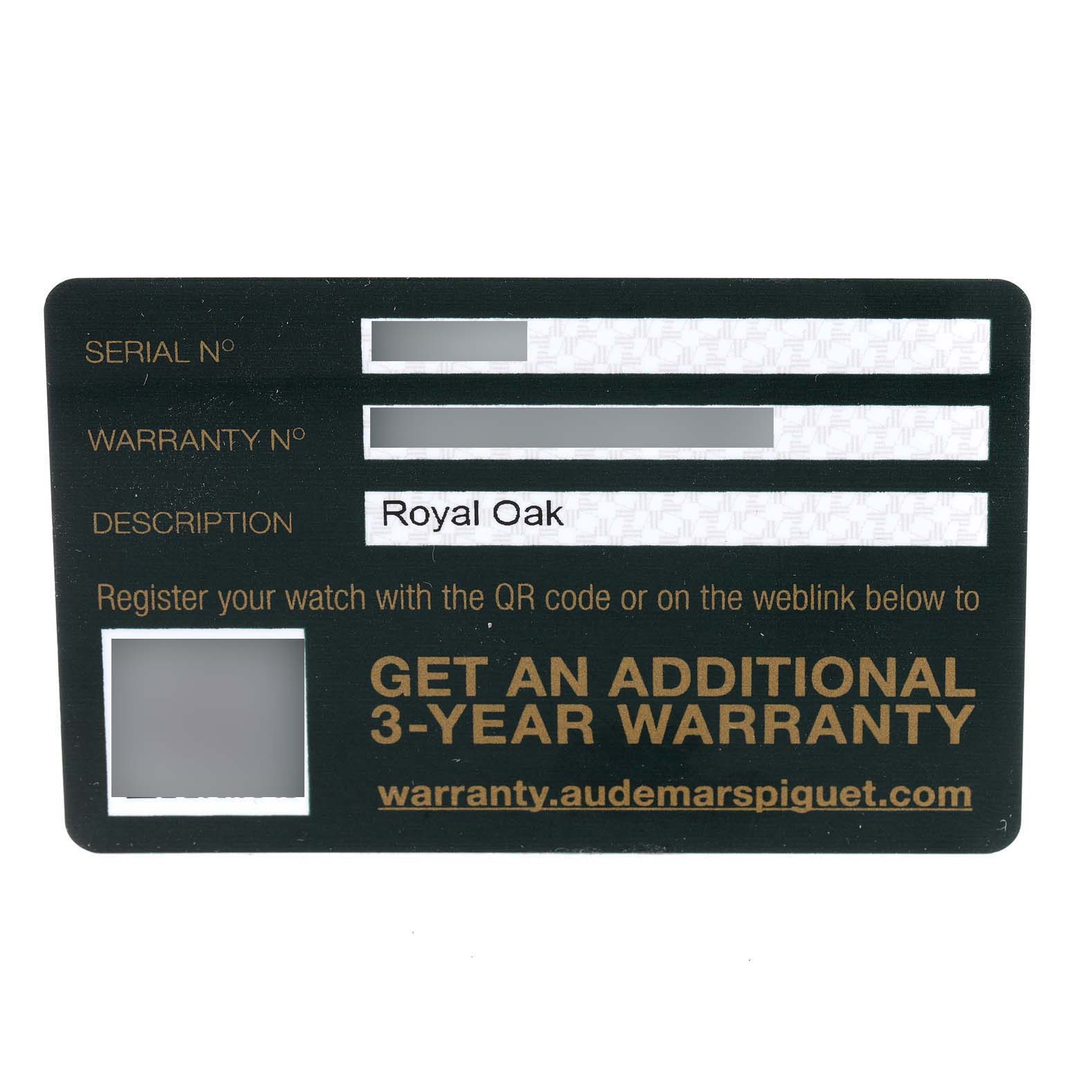 This is a warranty card for the Audemars Piguet Royal Oak 15500OR.OO.D002CR.01 Men's Rose Gold Black Dial 15500OR.OO.D002CR.01 Men's Rose Gold Black Dial watch model.