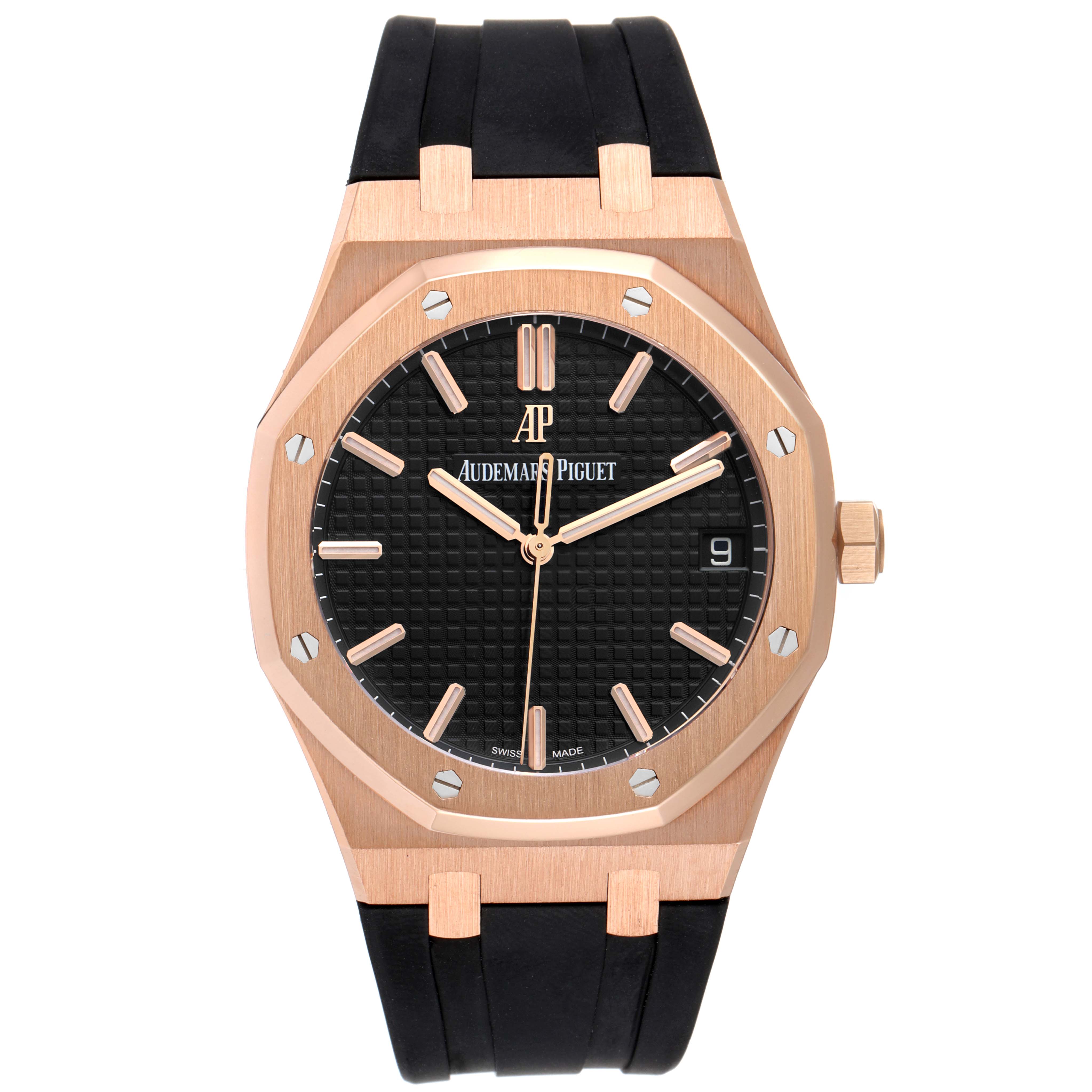 This image shows a front angle of an Audemars Piguet Royal Oak 15500OR.OO.D002CR.01 Men's Rose Gold Black Dial 15500OR.OO.D002CR.01 Men's Rose Gold Black Dial watch, highlighting its octagonal bezel, black dial, and rubber strap.