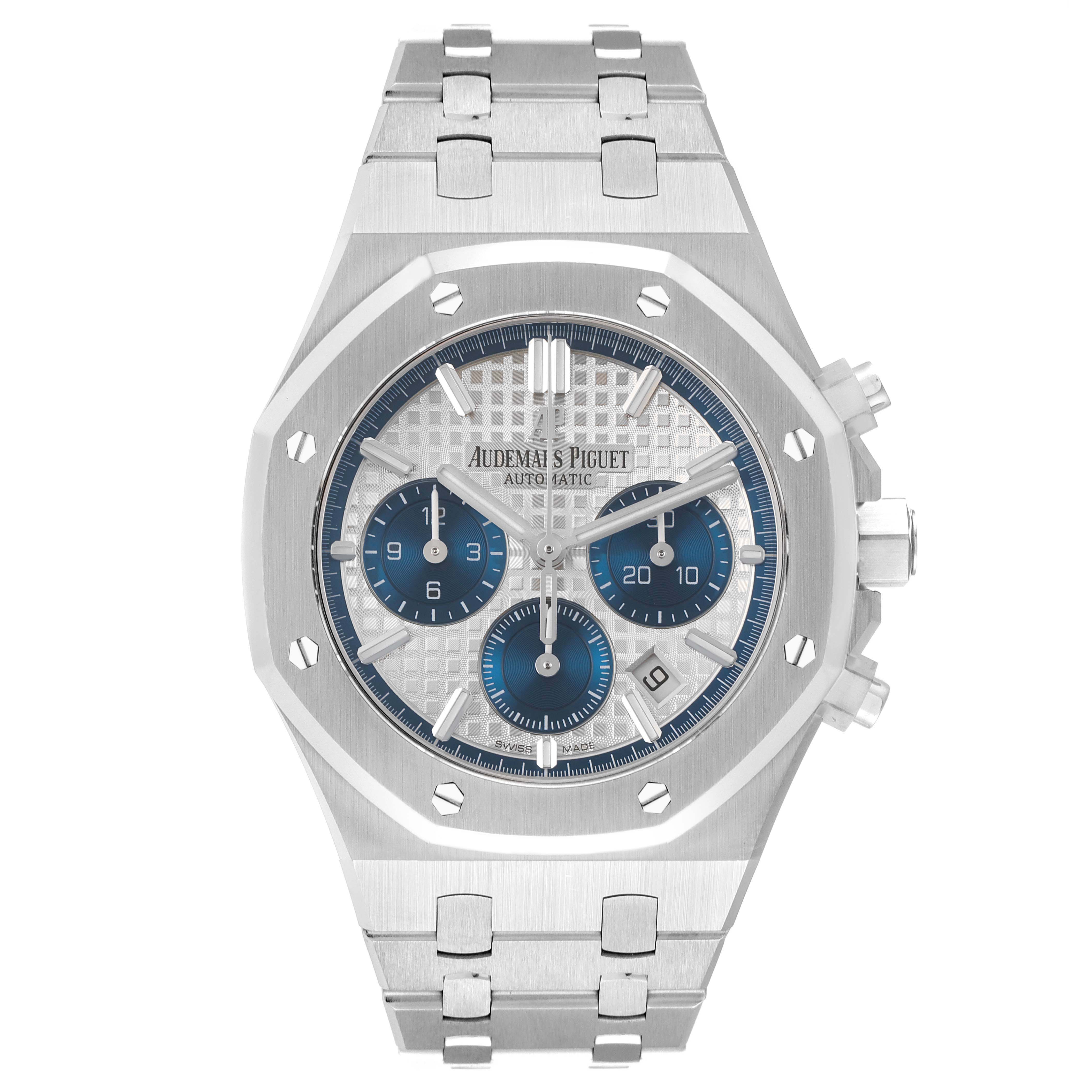 The image shows a frontal view of an Audemars Piguet Royal Oak 26315ST.OO.1256ST.01 Men's Stainless Steel Silver Dial 26315ST.OO.1256ST.01 Men's Stainless Steel Silver Dial watch, displaying the dial, chronograph subdials, and bracelet.
