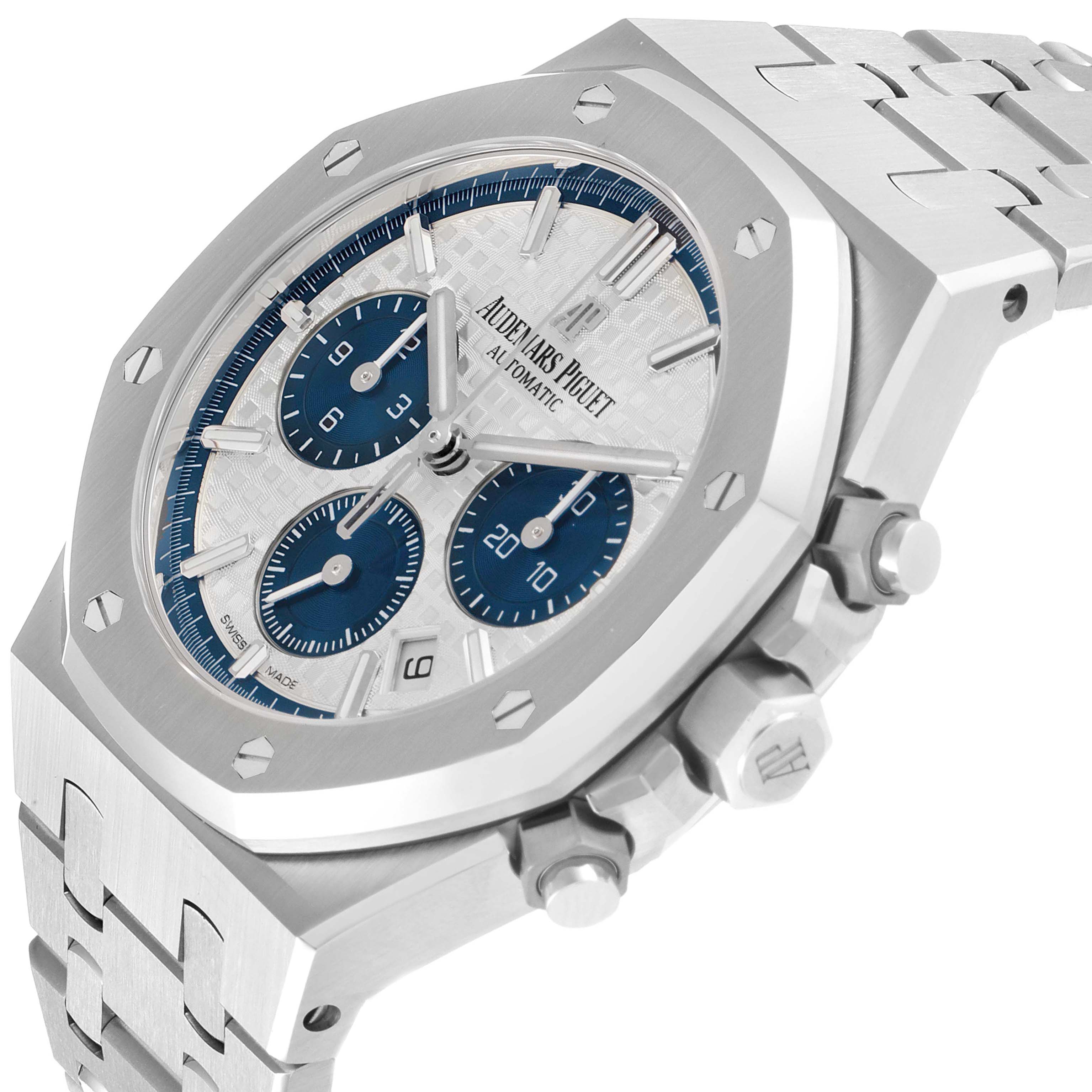 The Audemars Piguet Royal Oak 26315ST.OO.1256ST.01 Men's Stainless Steel Silver Dial 26315ST.OO.1256ST.01 Men's Stainless Steel Silver Dial watch is shown at an angled side view, displaying the bezel, dial, chronograph subdials, crown, and bracelet.