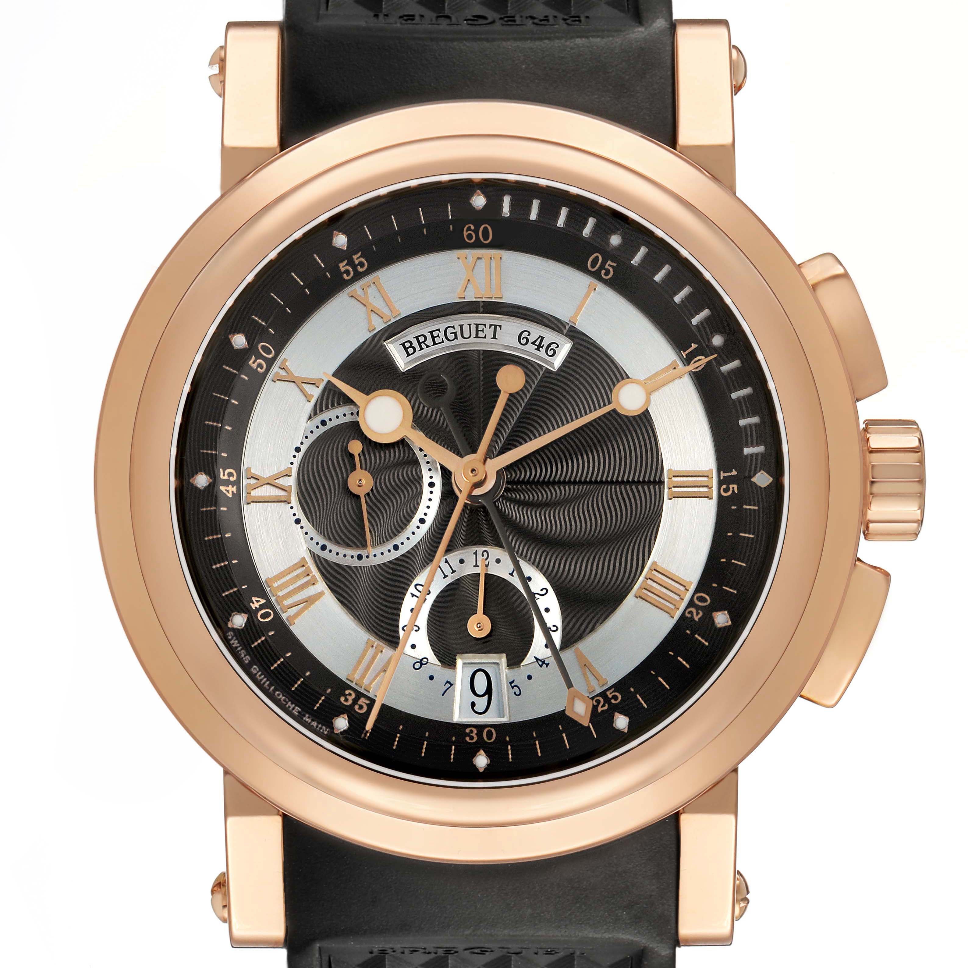 The Breguet Marine 5827BR/Z2/5ZU Men's Yellow Gold Silver Dial watch is shown from a front angle, highlighting its face, numerals, hands, and crown.