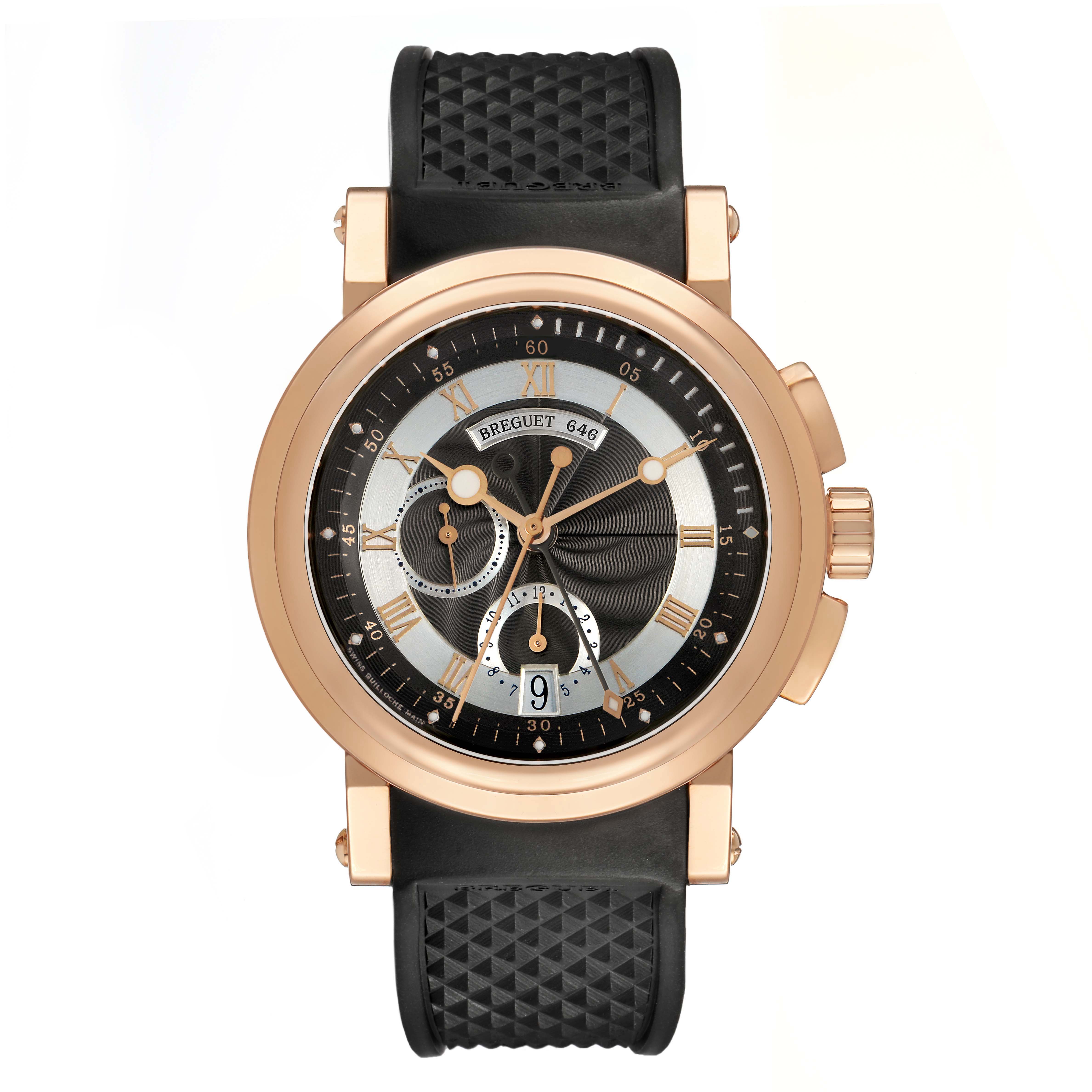 The Breguet Marine 5827BR/Z2/5ZU Men's Yellow Gold Silver Dial watch is shown from the front, highlighting the dial, case, and strap design.