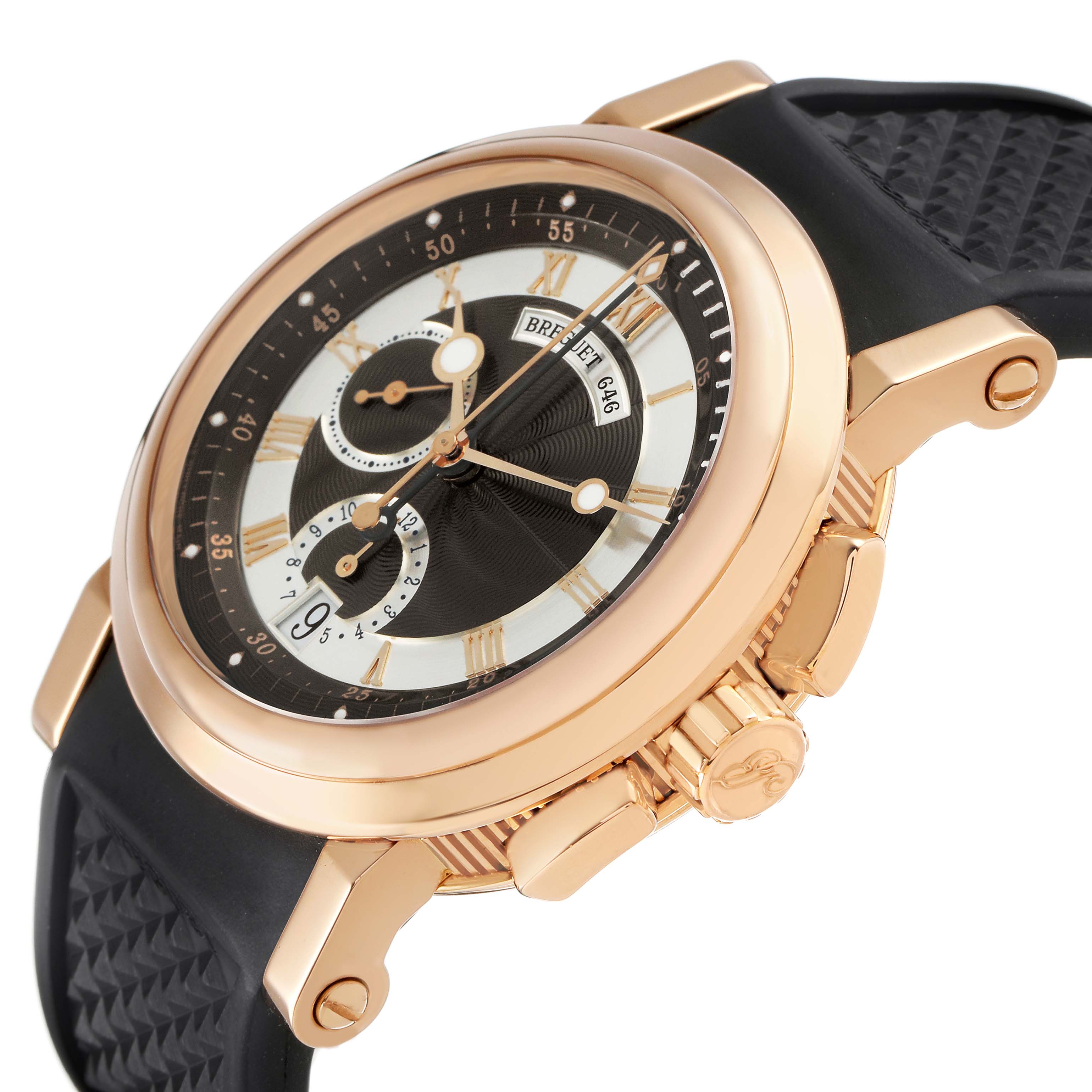 The image shows a side-angle view of a Breguet Marine 5827BR/Z2/5ZU Men's Yellow Gold Silver Dial watch, highlighting its rose gold case, black and white dial, and black rubber strap.