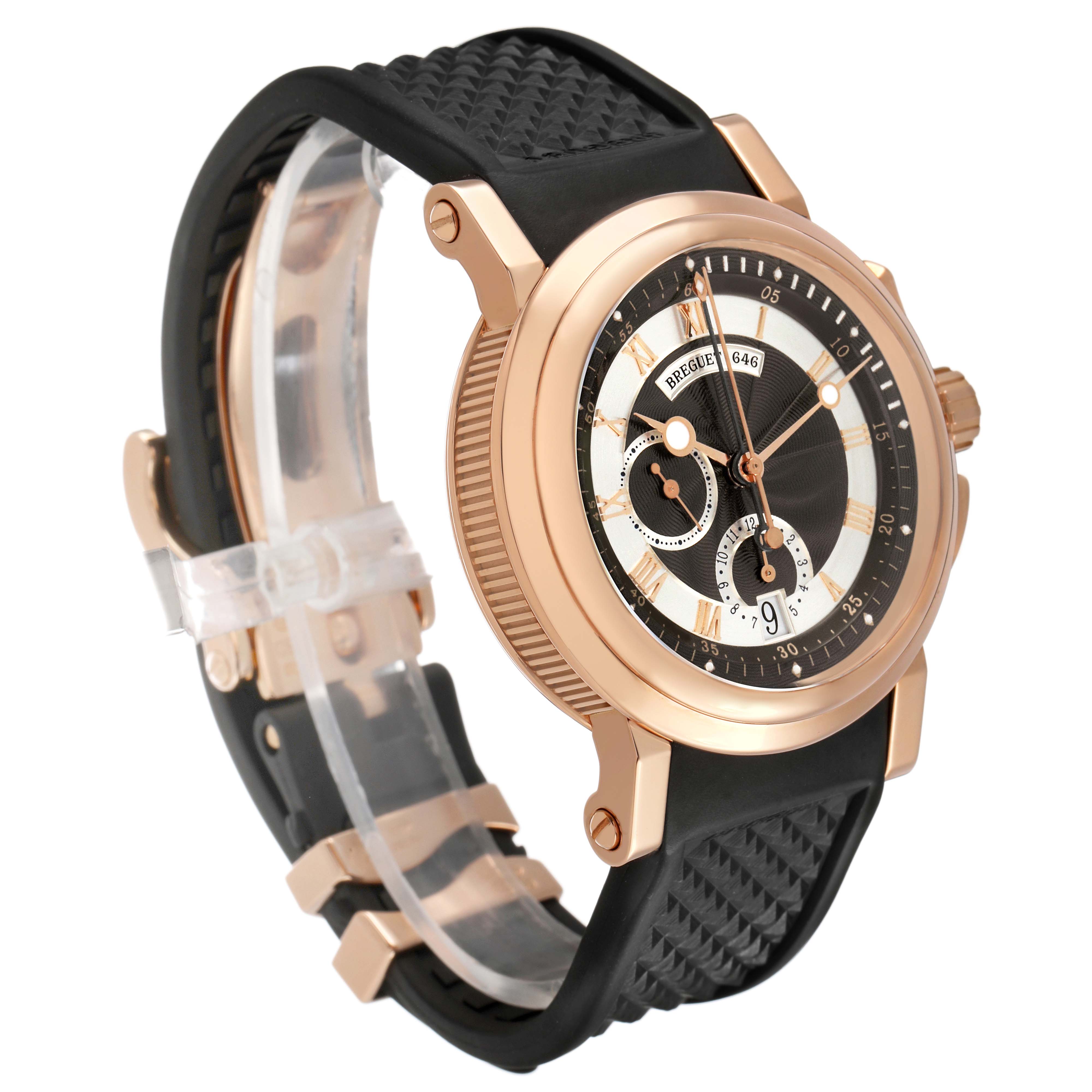 The Breguet Marine 5827BR/Z2/5ZU Men's Yellow Gold Silver Dial watch is shown at a three-quarter angle, highlighting the dial, side crown, and black rubber strap.