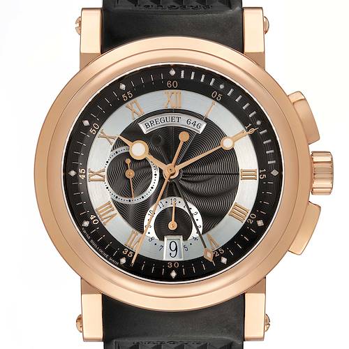 The Breguet Marine 5827BR/Z2/5ZU Men's Yellow Gold Silver Dial watch is shown from a front angle, highlighting its dial, bezel, hands, and strap.