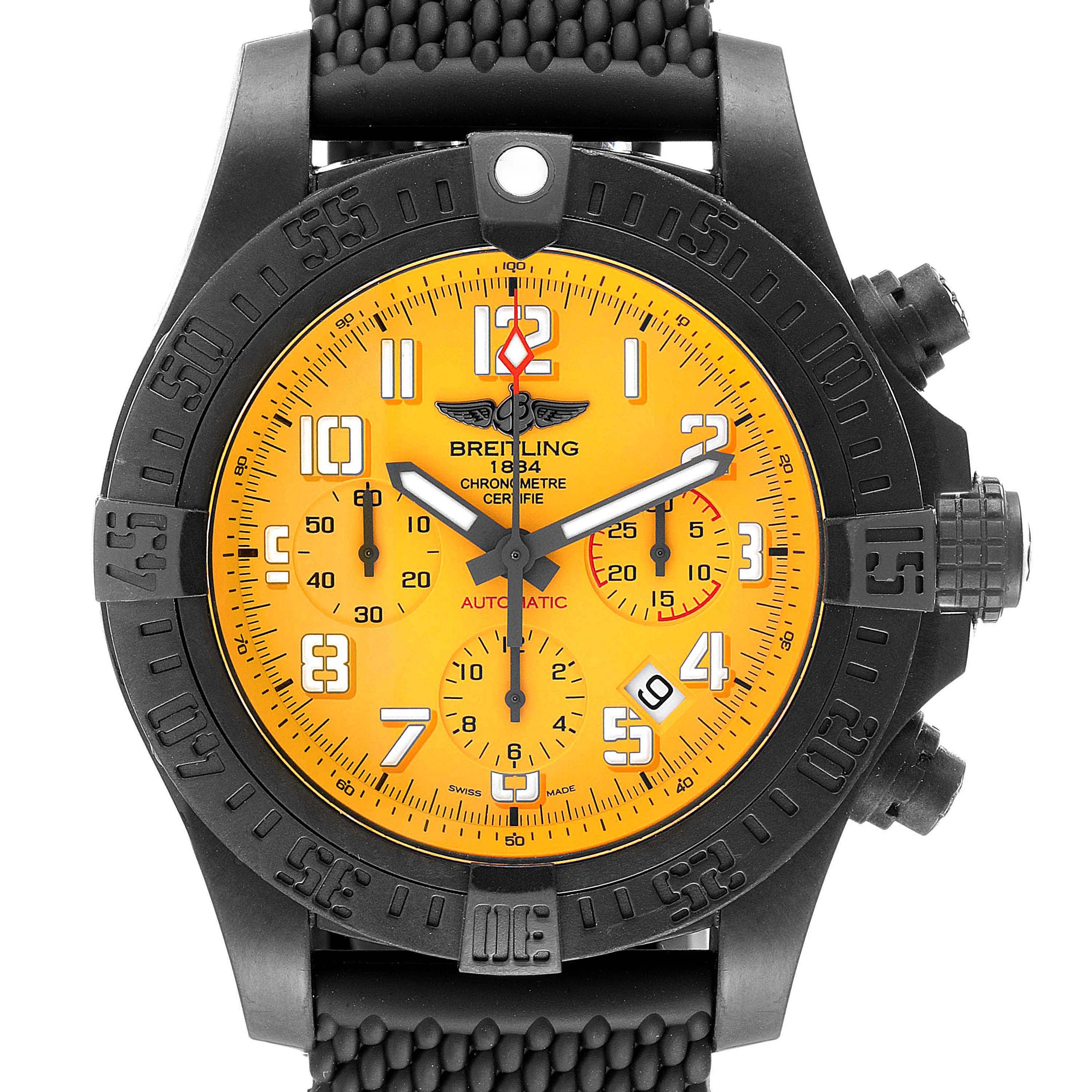 The image shows a front view of the Breitling Avenger XB0180E41I1W1 Men's Ceramic Yellow Dial XB0180E41I1W1 Men's Ceramic Yellow Dial watch, highlighting its yellow dial, black bezel, chronograph subdials, and textured strap.