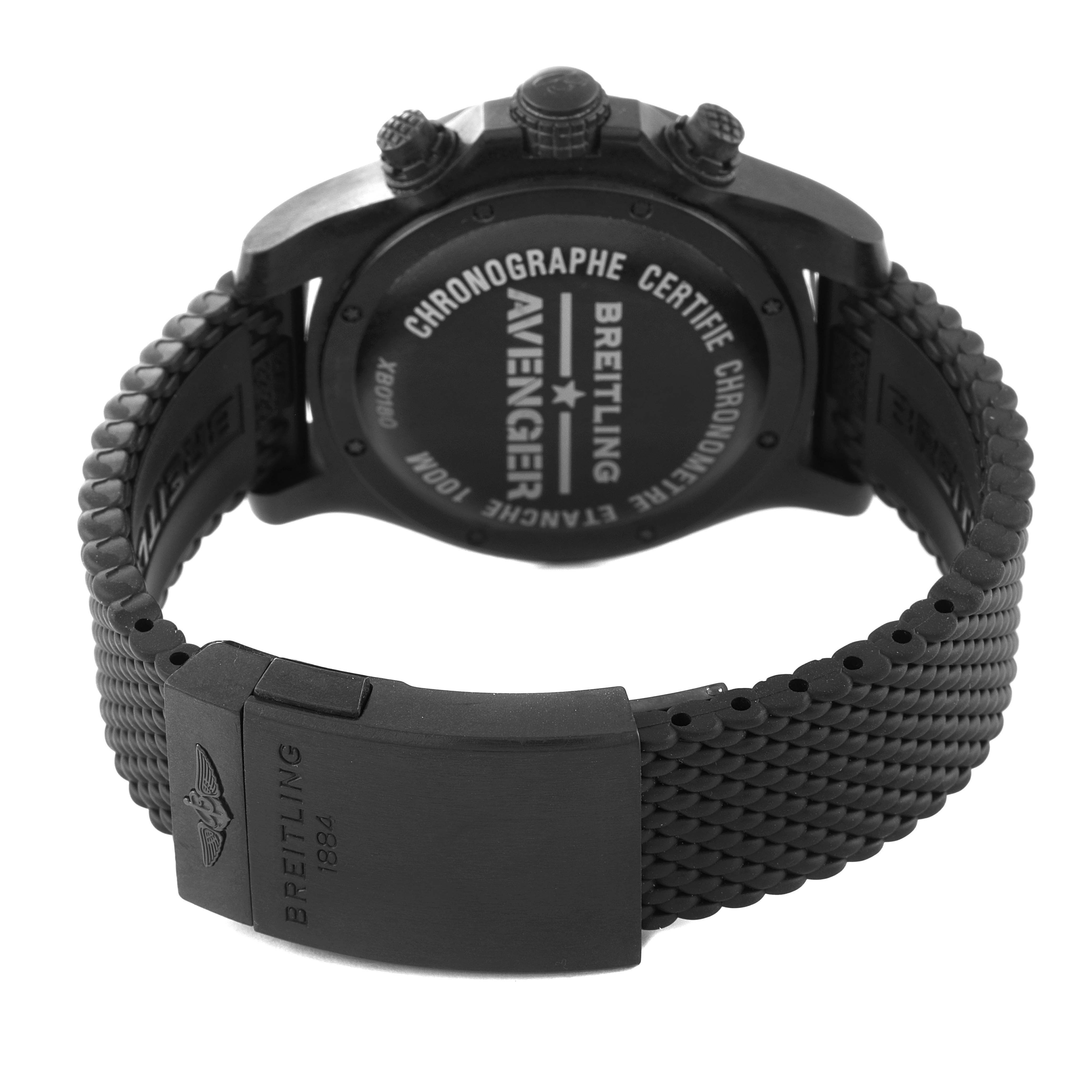 This image shows the backside of a Breitling Avenger XB0180E41I1W1 Men's Ceramic Yellow Dial XB0180E41I1W1 Men's Ceramic Yellow Dial watch and its strap clasp at an angle that highlights the case back and bracelet.