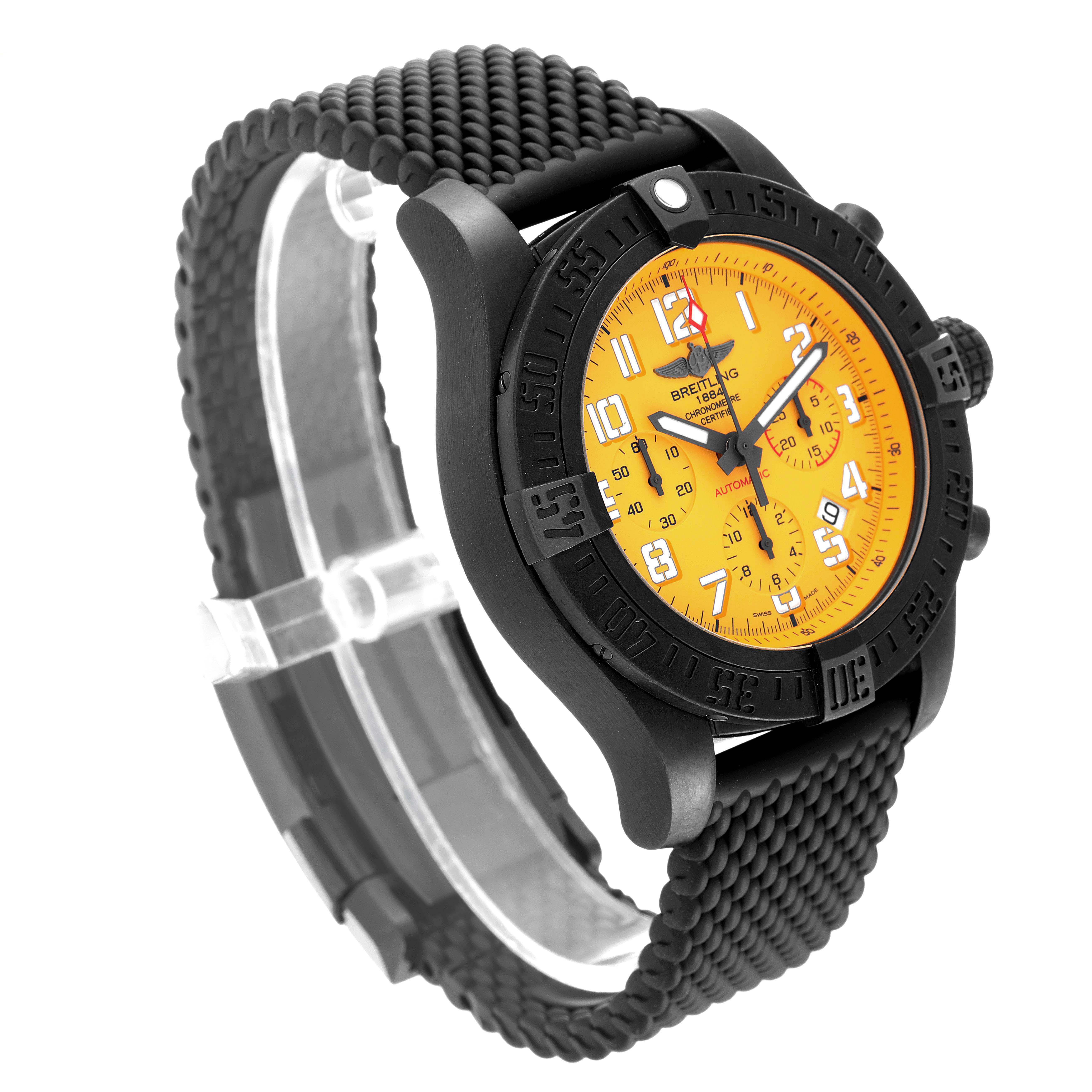 The image shows a Breitling Avenger XB0180E41I1W1 Men's Ceramic Yellow Dial XB0180E41I1W1 Men's Ceramic Yellow Dial watch from a 3/4 angle, highlighting its black bezel, yellow dial, and textured black strap.