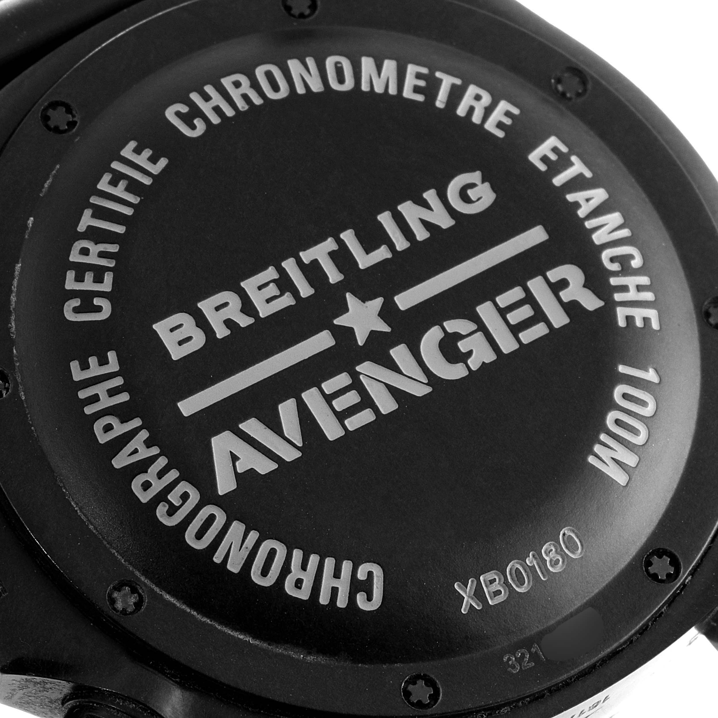 The image shows the back case of a Breitling Avenger XB0180E41I1W1 Men's Ceramic Yellow Dial XB0180E41I1W1 Men's Ceramic Yellow Dial watch, highlighting the brand, model, and water resistance.