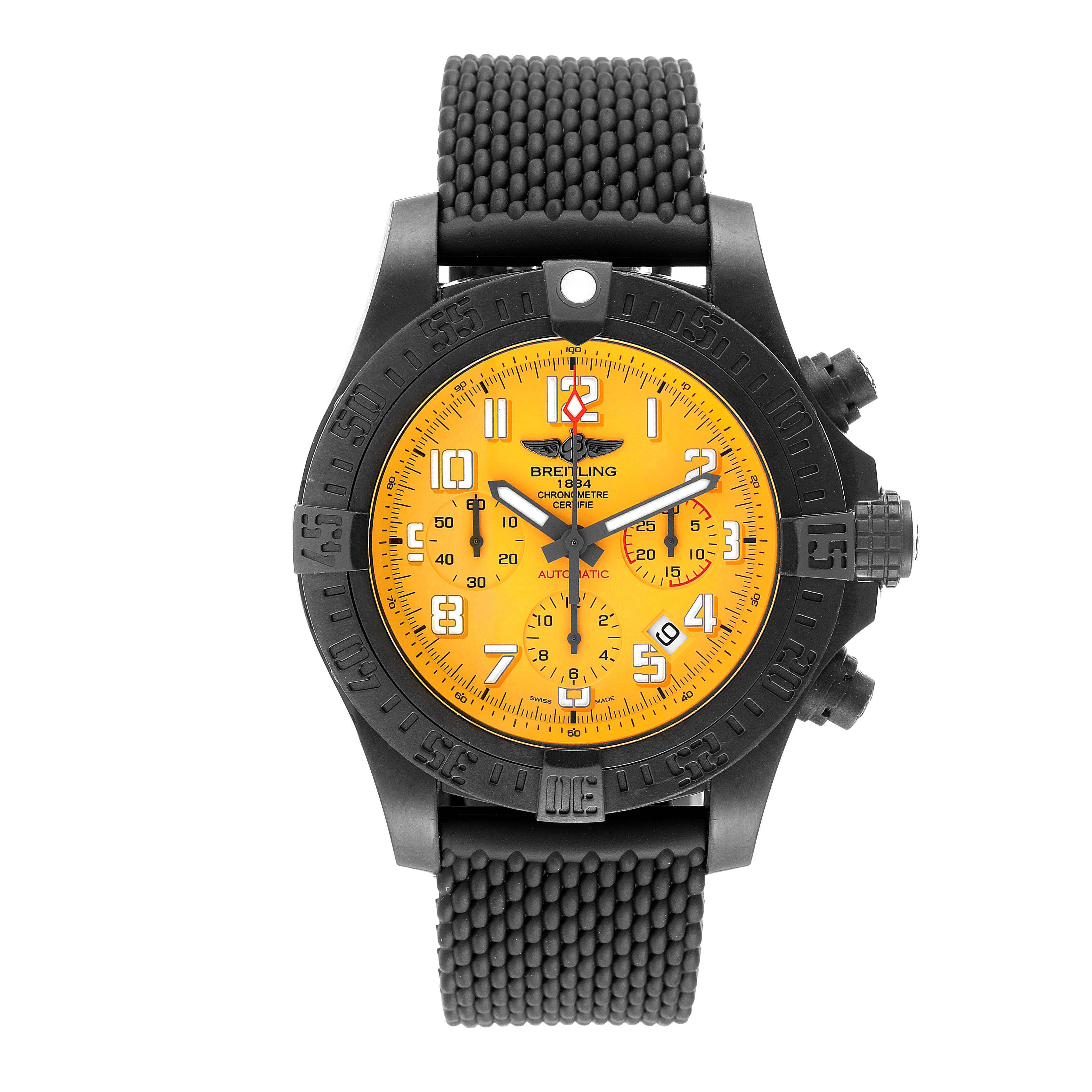 This image shows a front view of the Breitling Avenger XB0180E41I1W1 Men's Ceramic Yellow Dial XB0180E41I1W1 Men's Ceramic Yellow Dial watch, highlighting the face, bezel, and strap.