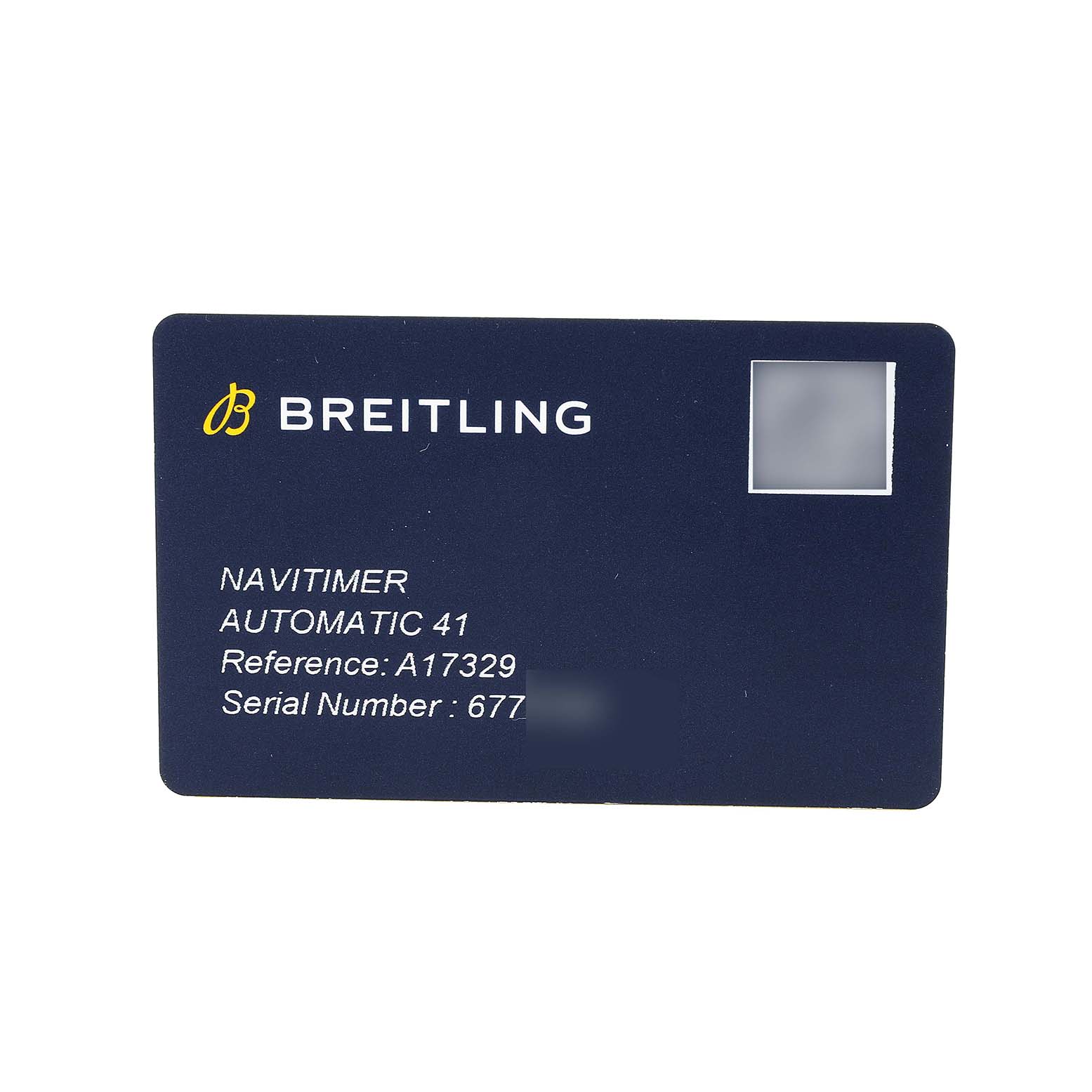 The image shows a Breitling Navitimer A17329 Men's Stainless Steel Blue Dial Automatic 41 card, displaying the reference and serial number.