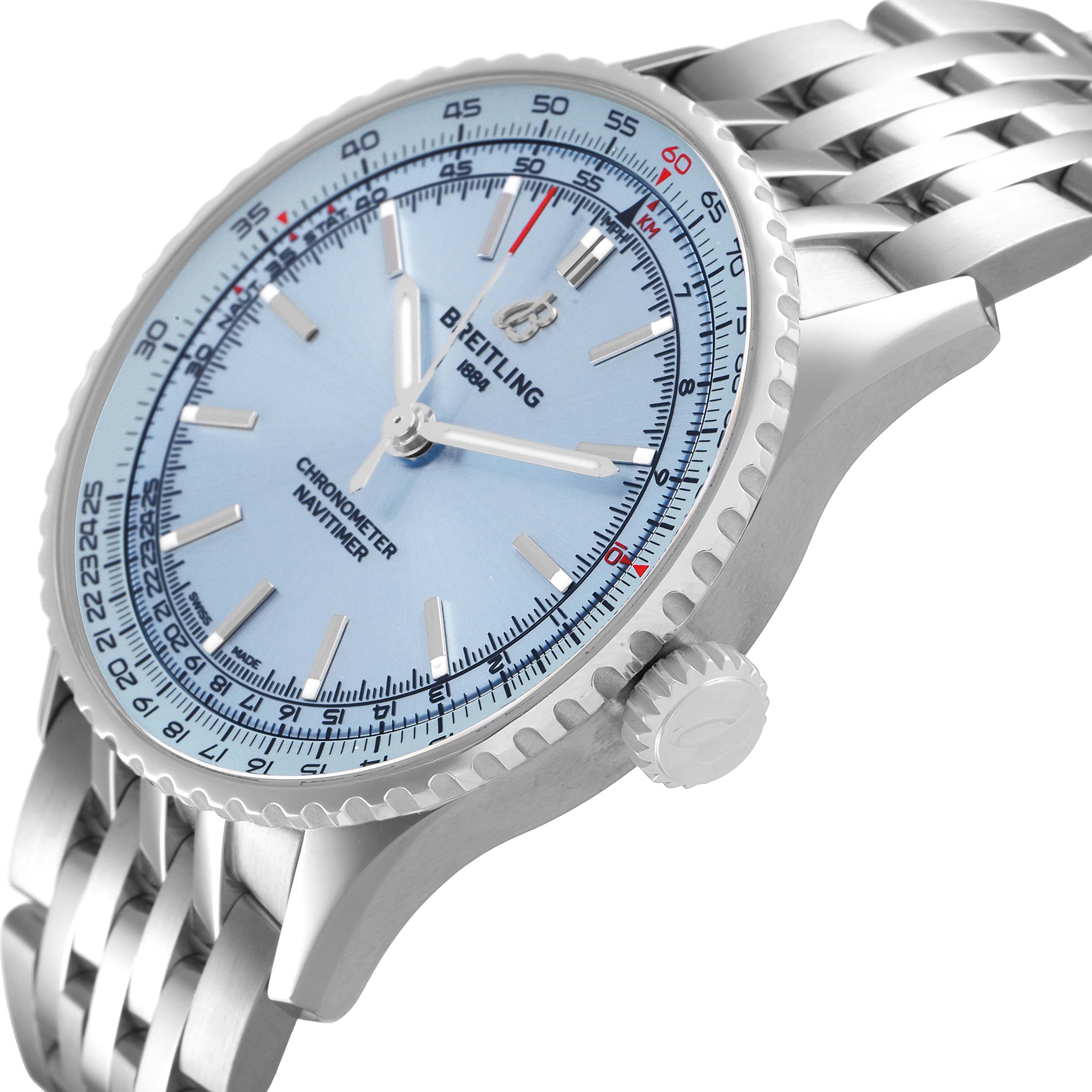 The Breitling Navitimer A17329 Men's Stainless Steel Blue Dial watch is shown at an angled side view, displaying the dial, bezel, crown, and bracelet.