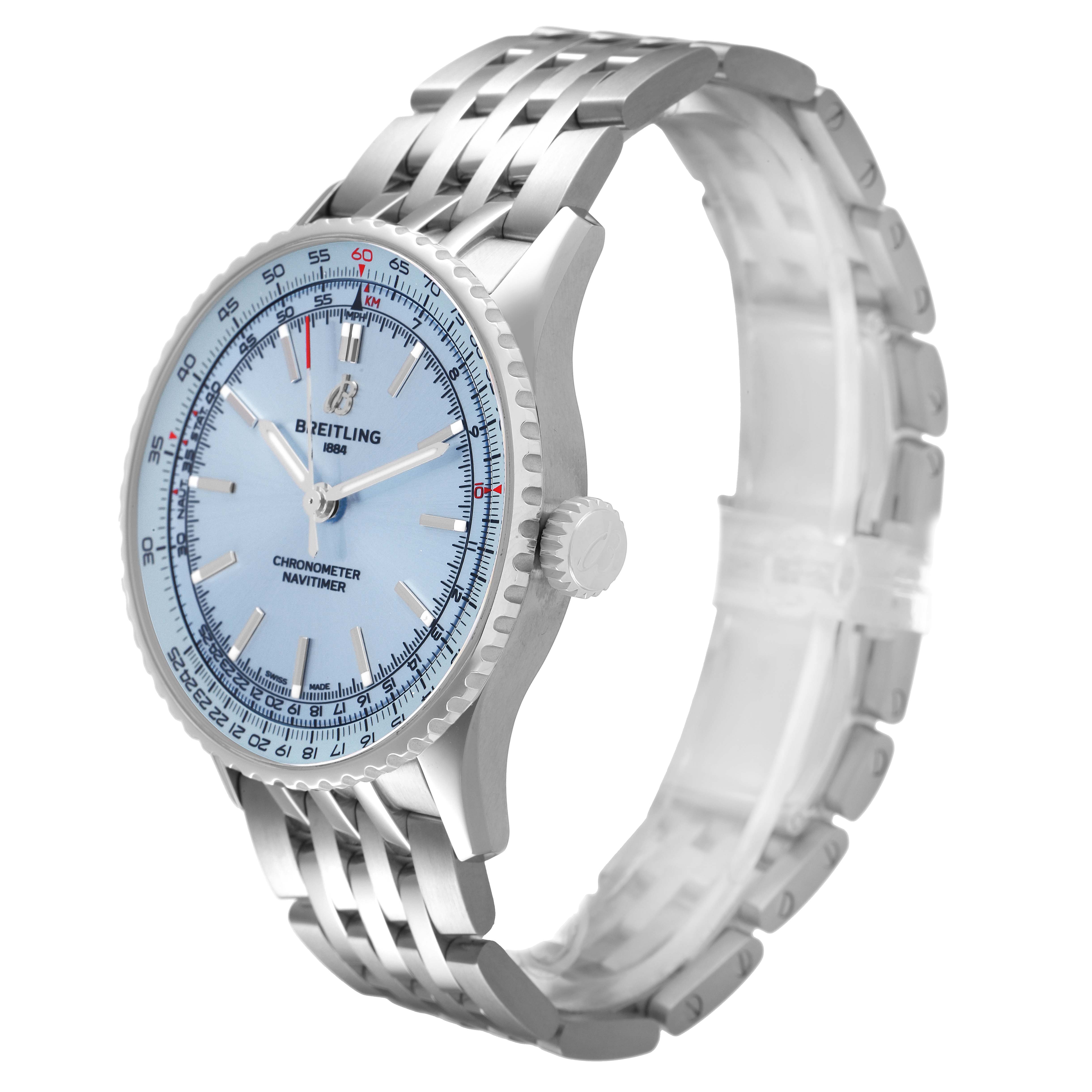 The Breitling Navitimer A17329 Men's Stainless Steel Blue Dial watch is shown from a three-quarter angle, featuring its face, bezel, crown, and metal bracelet.