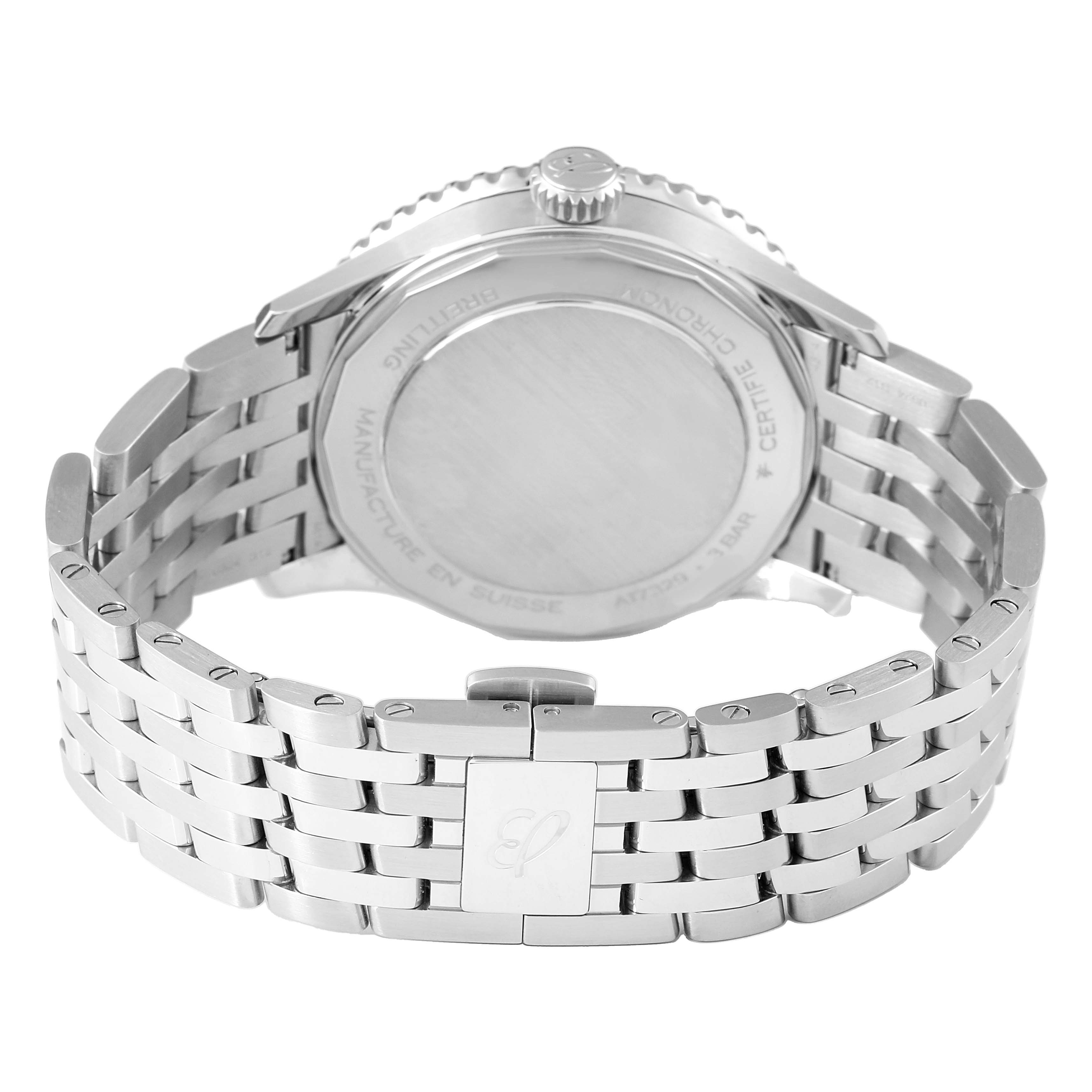 The image shows the back view of a Breitling Navitimer A17329 Men's Stainless Steel Blue Dial watch, highlighting the clasp, bracelet, and case back.
