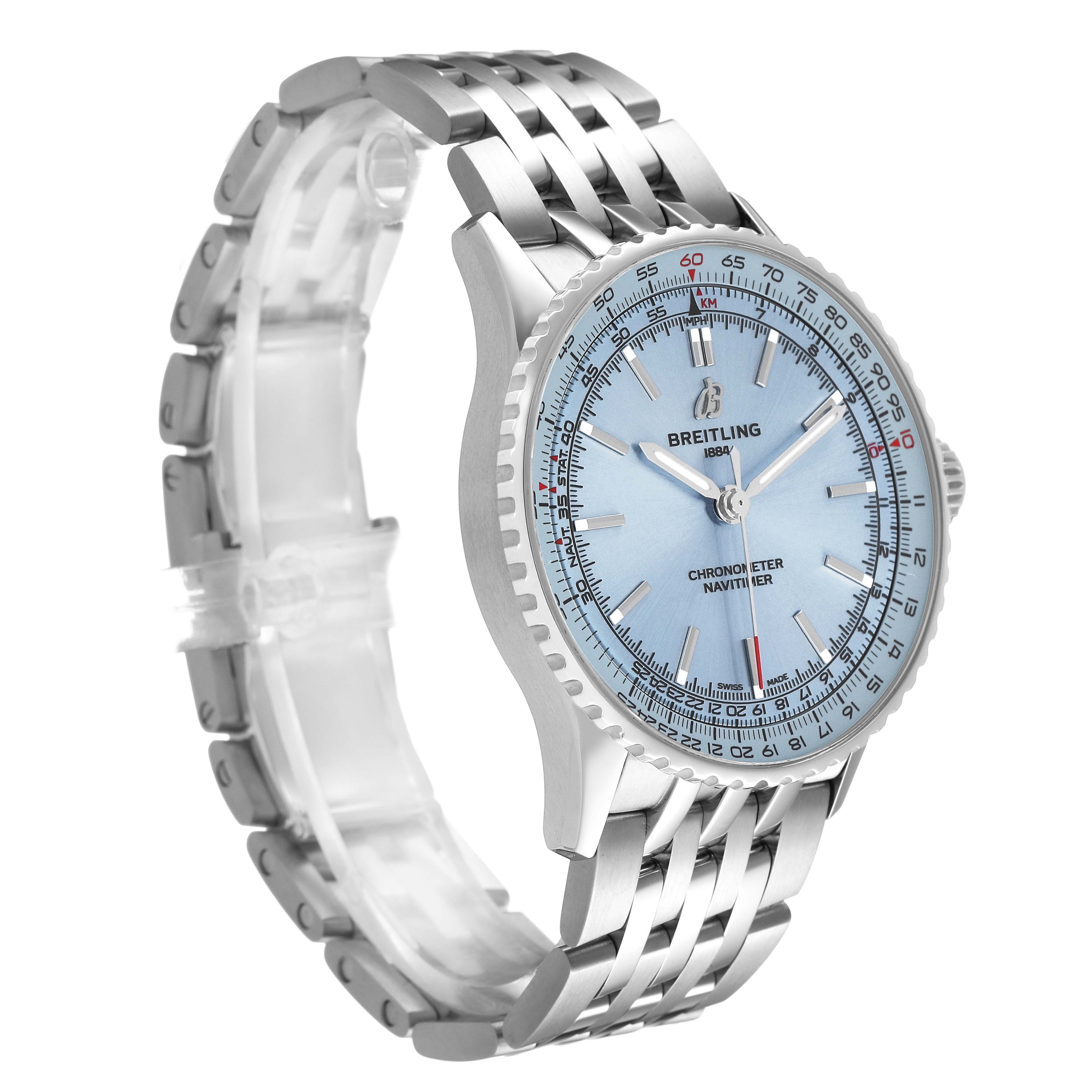 The Breitling Navitimer A17329 Men's Stainless Steel Blue Dial watch is shown at a slight side angle, highlighting its face, bezel, and metal bracelet.