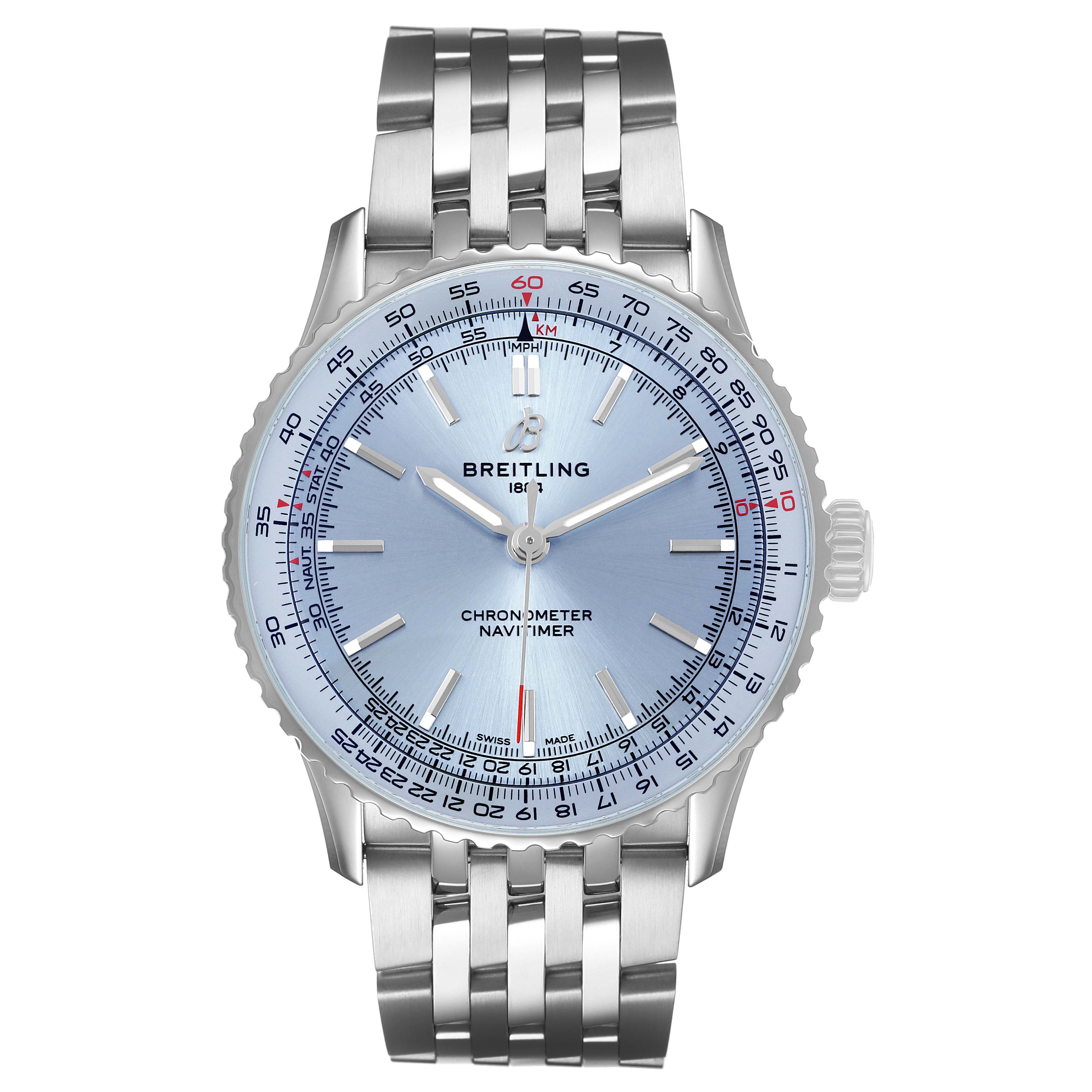 The Breitling Navitimer A17329 Men's Stainless Steel Blue Dial watch is shown from a front angle, displaying its face, bezel, crown, and bracelet.